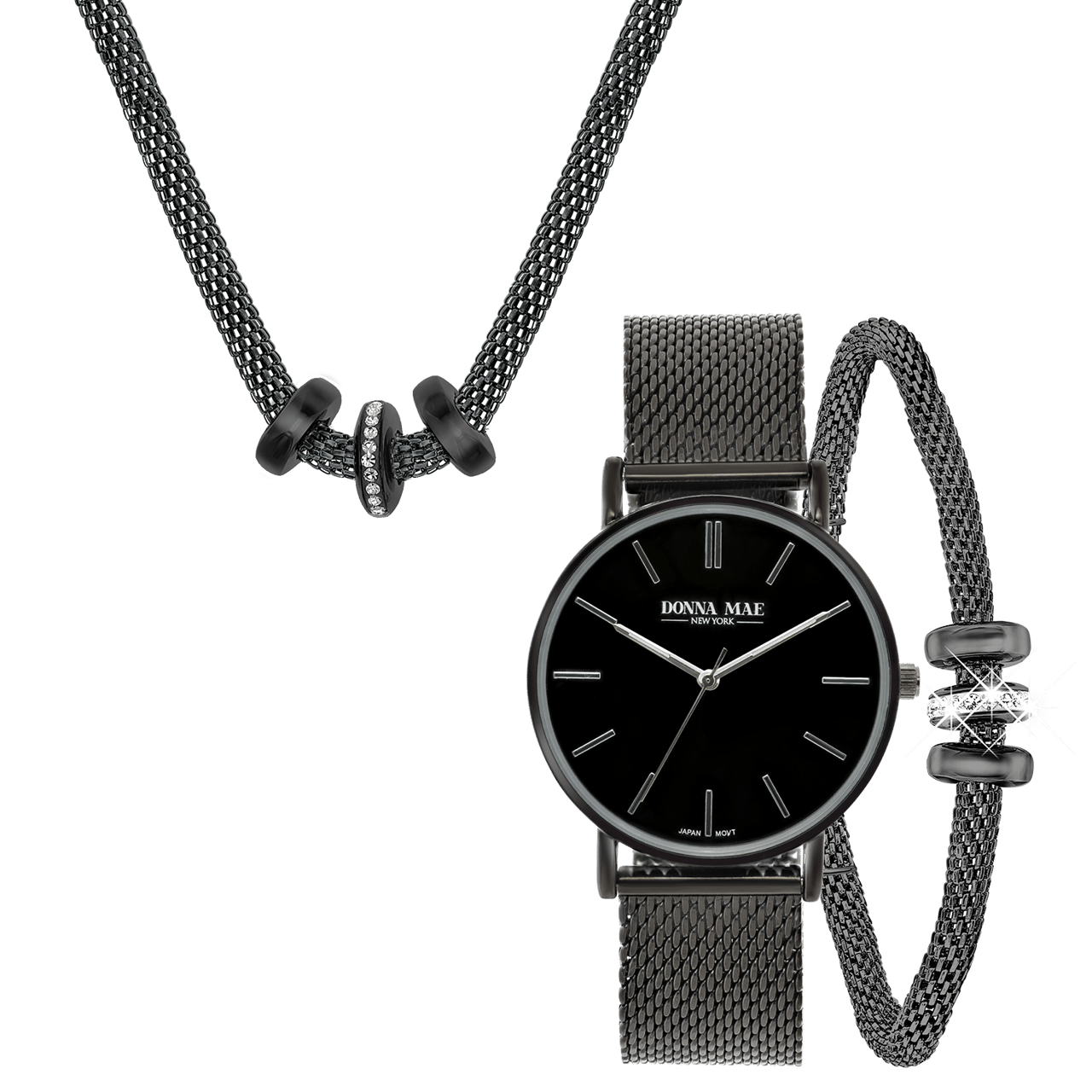 Gerecycled Stalen Blackplated Set Met Horloge 3ringen Kristal Lucardi NL