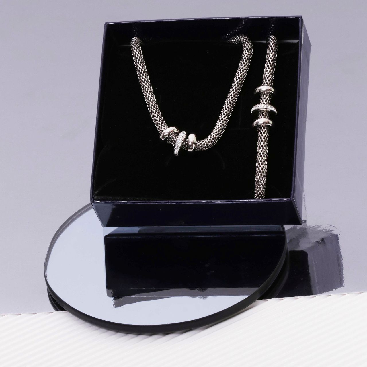 Gerecycleerd stalen ketting & armband 3ringen kristal