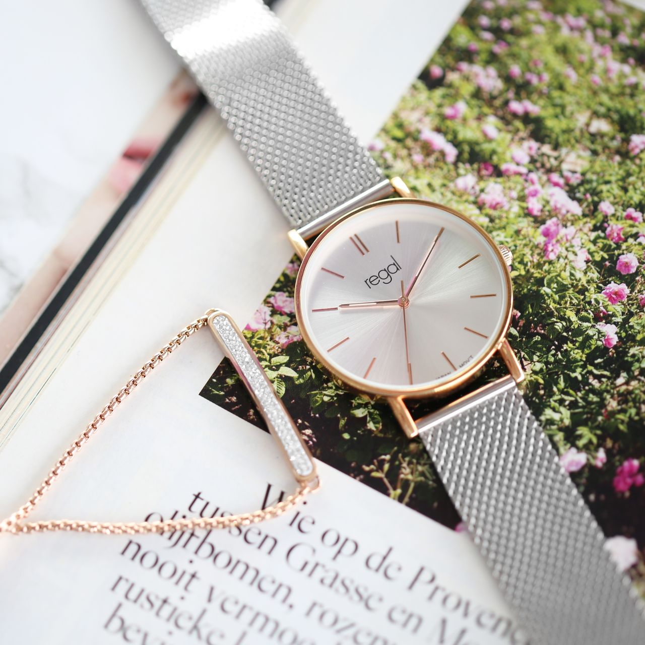 Gerecycleerd stainless steel plaatarmband roseplated wit kristal