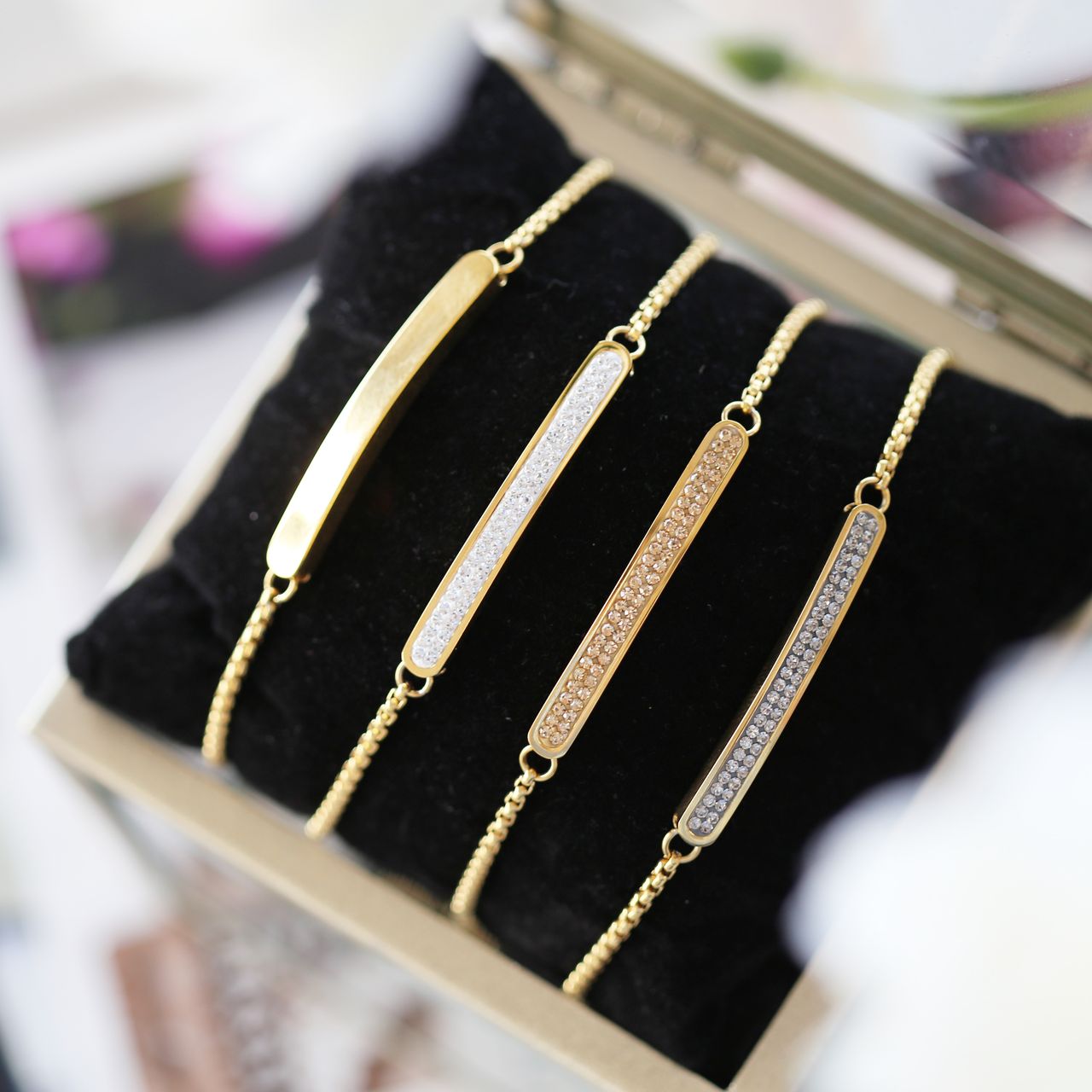 Plattenarmband, Edelstahl, rotvergoldet, Black Diamond-Kristall