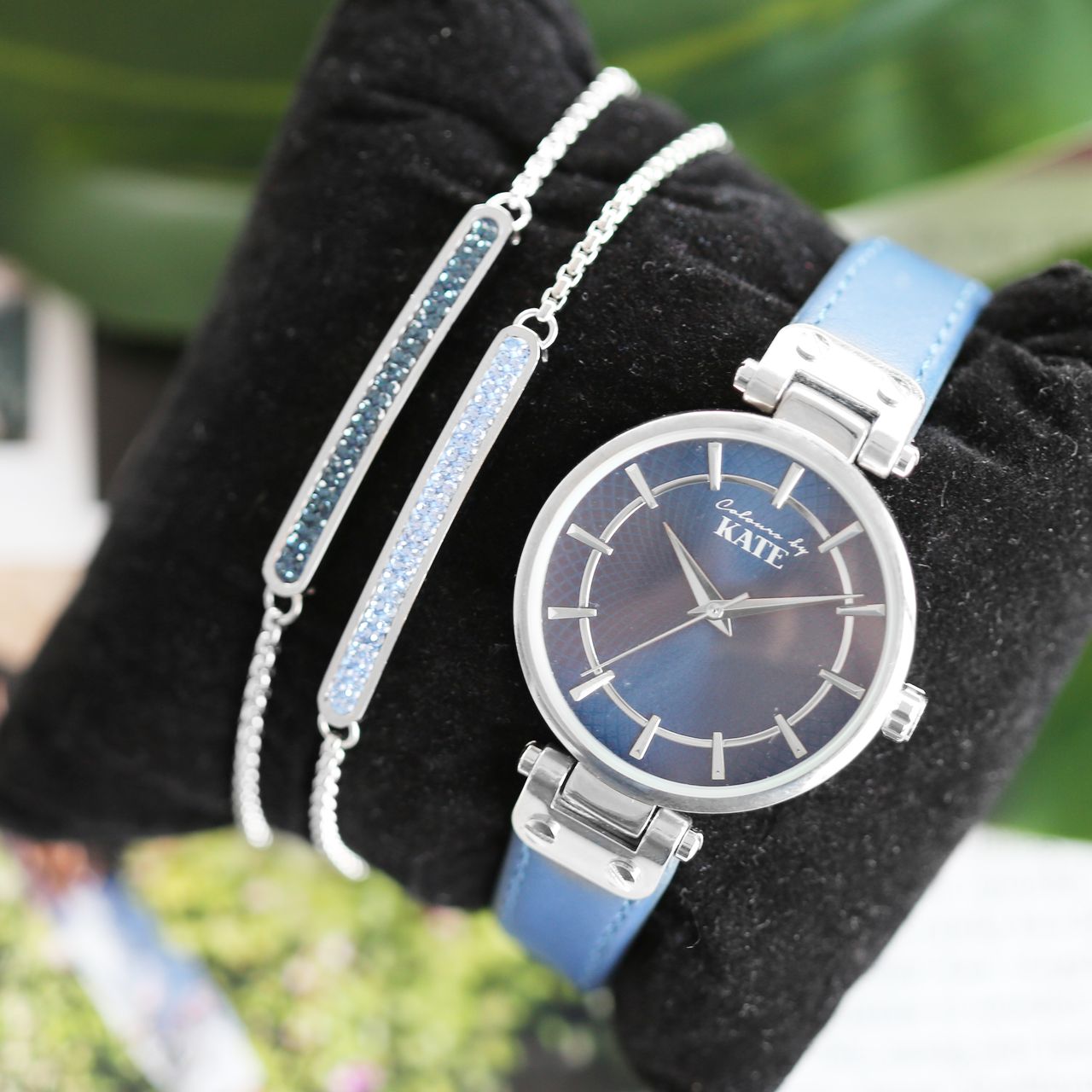 Plattenarmband, Edelstahl, capriblauer Kristall
