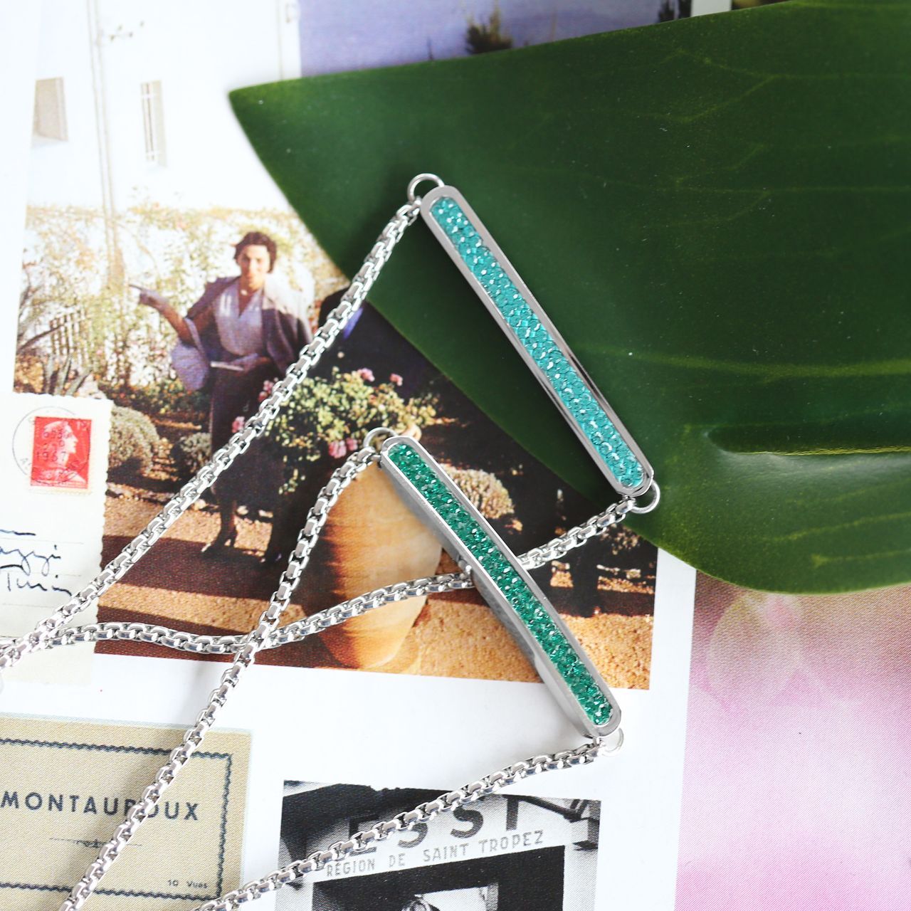 Gerecycled stainless steel plaatarmband emerald kristal