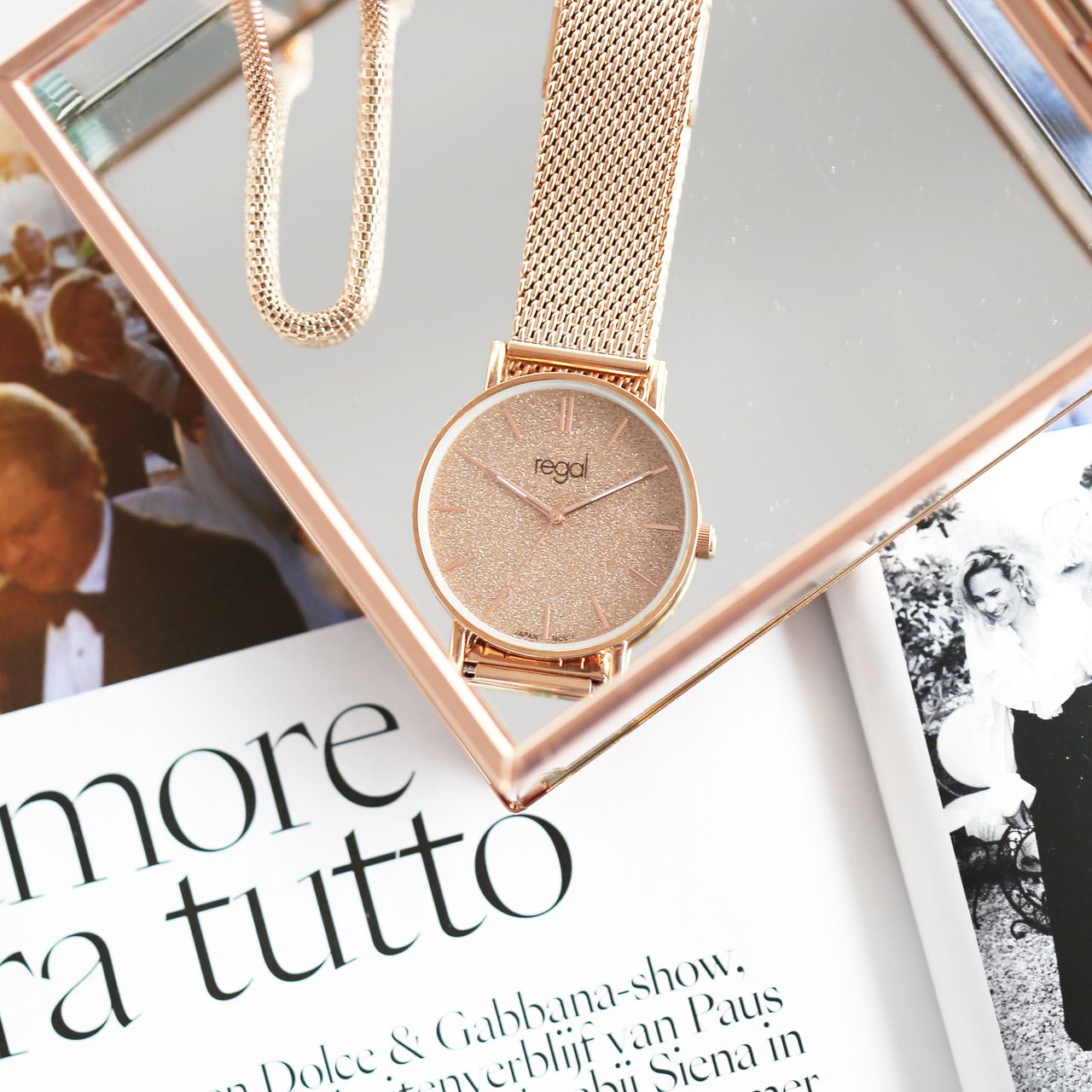 Regal mesh horloge glitter met rosekleurige band