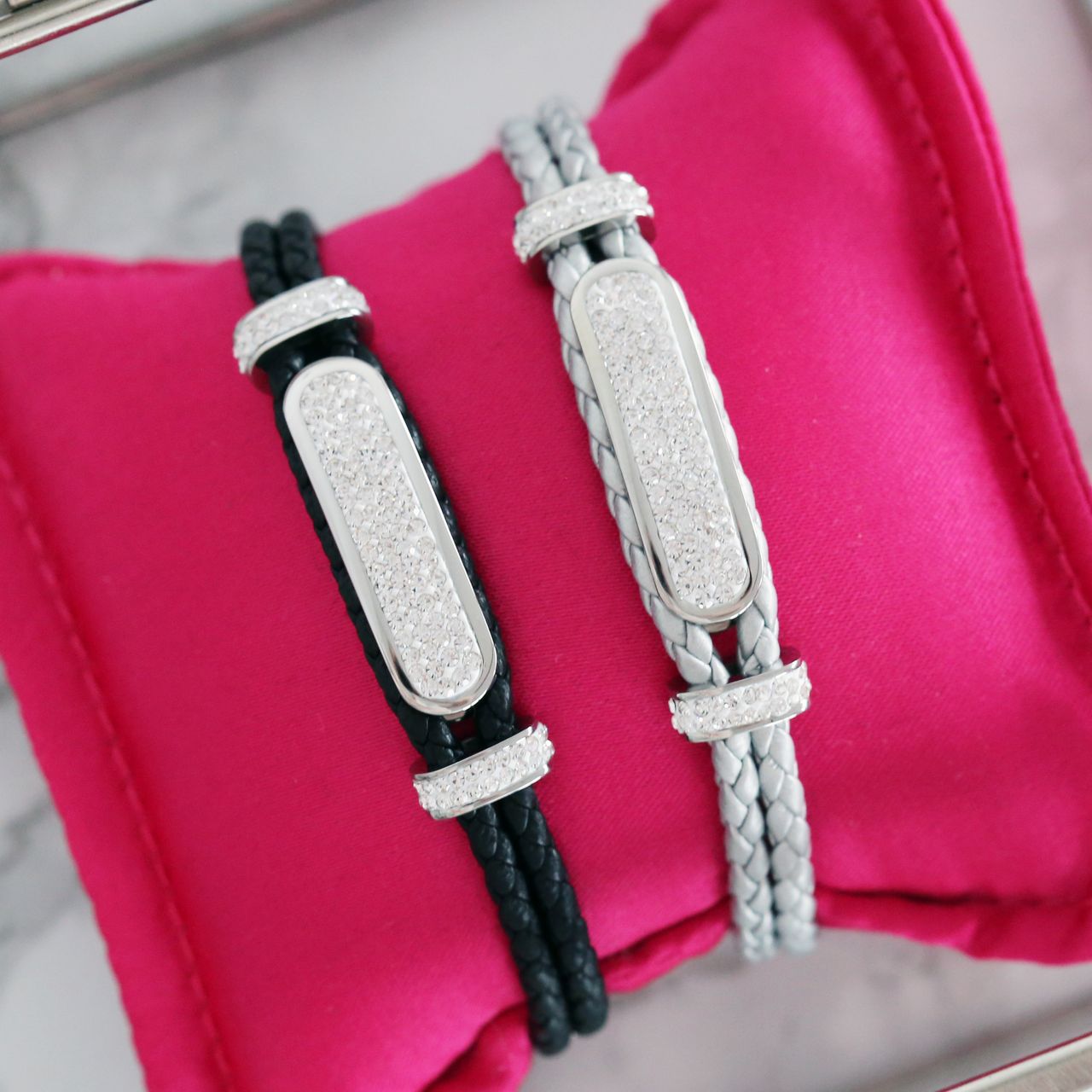 Plattenarmband für Kinder aus Edelstahl und Leder, silber mit Kristall