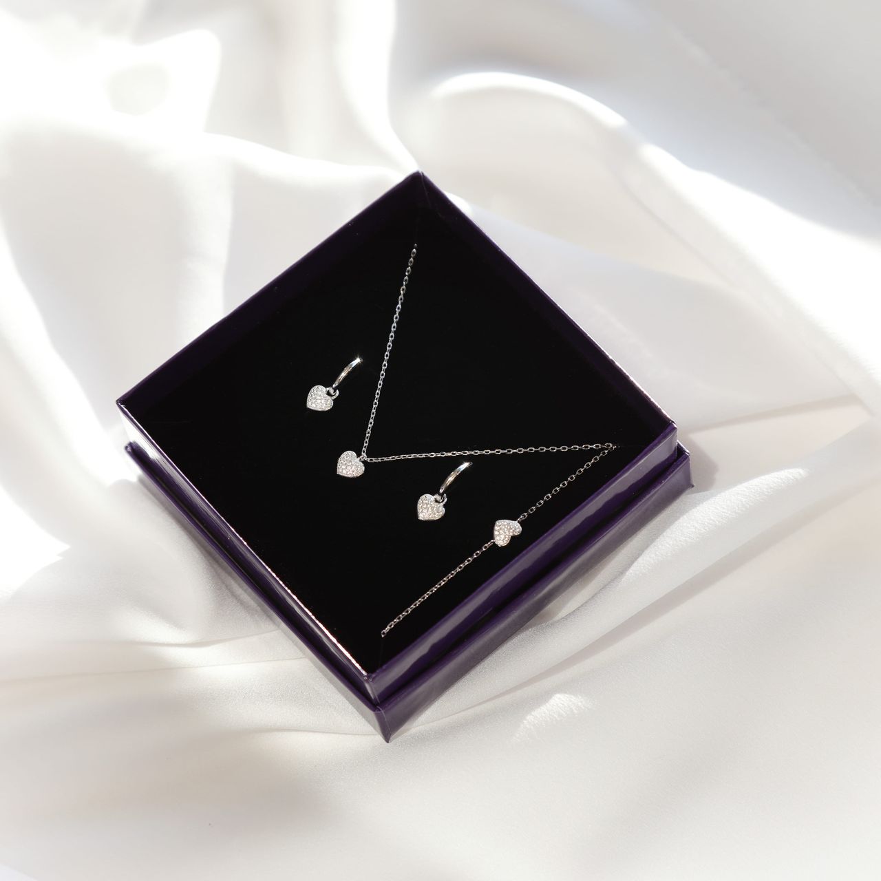 Schmuckset, 925 Silber, Herz mit Zirkonia