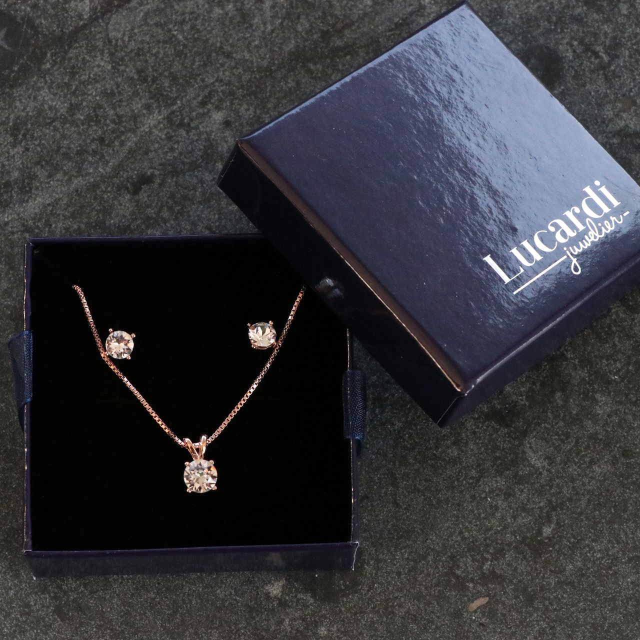 Schmuckset, 925 Silber, rotvergoldet, Kristall, weiß