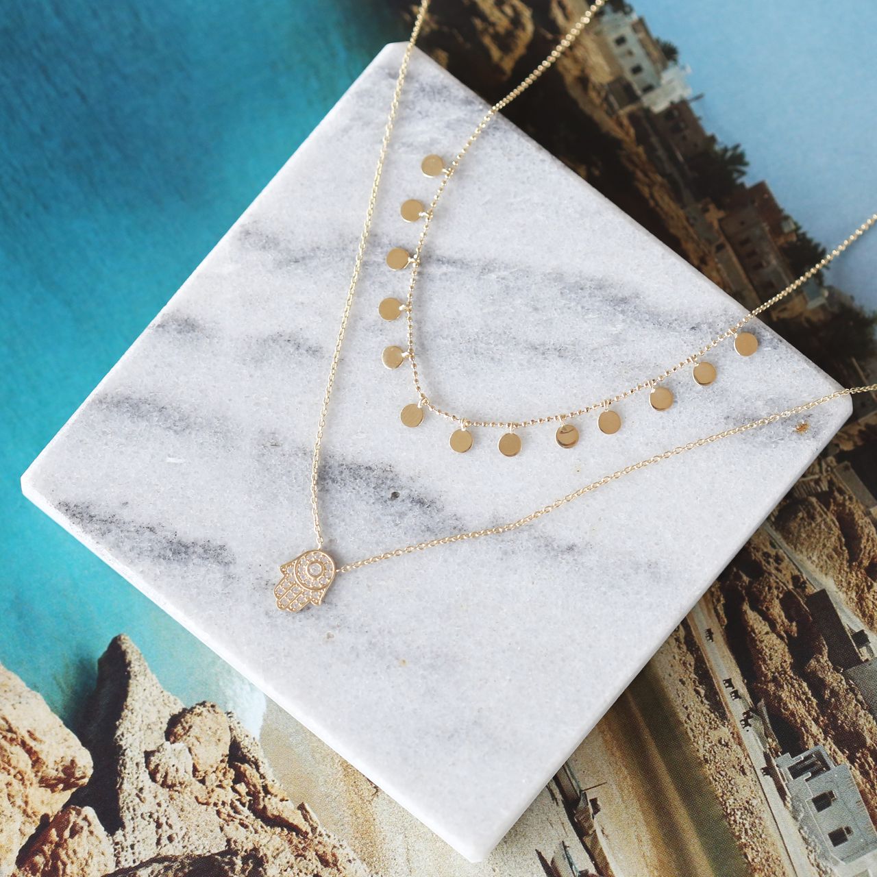 14Karaat geelgouden ketting&hanger hamsa zirkonia
