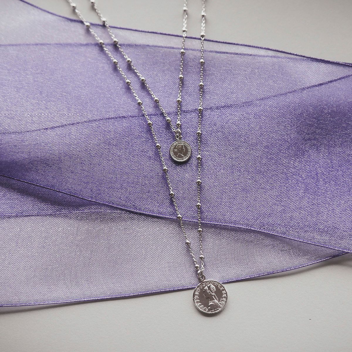 Gerecycleerd zilveren ketting 2laags met munten