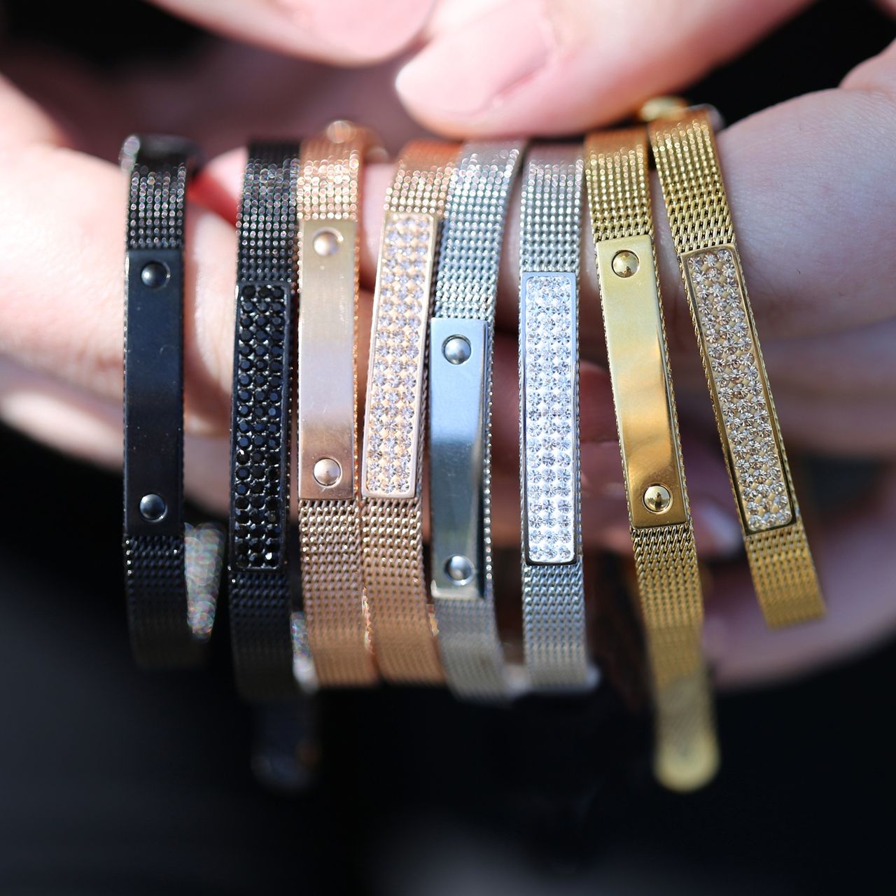 Stalen armband roseplated mesh riem met kristal
