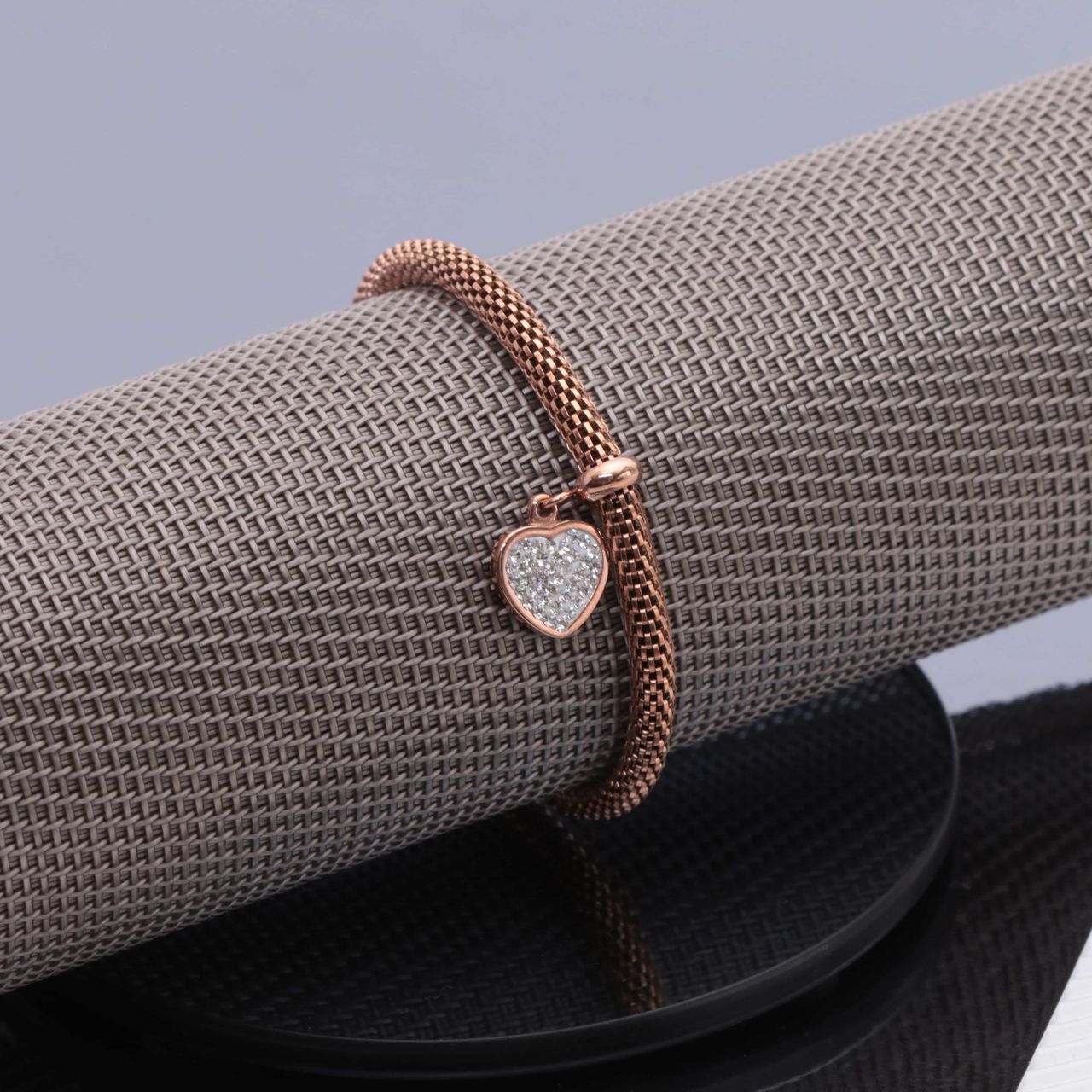 Stainless steel armband mesh roseplated hart met kristal
