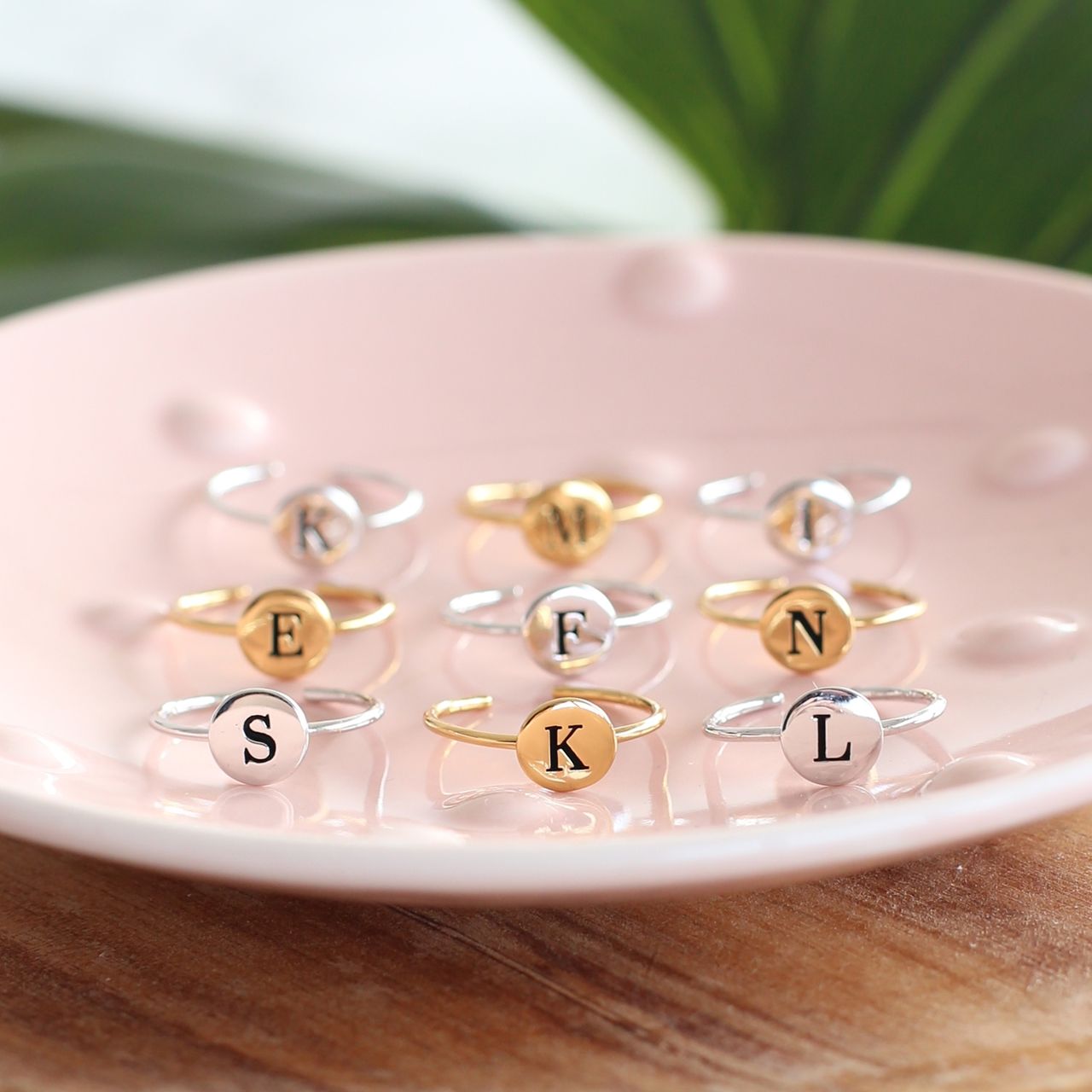 Silberring Alphabet, verstellbar und vergoldet