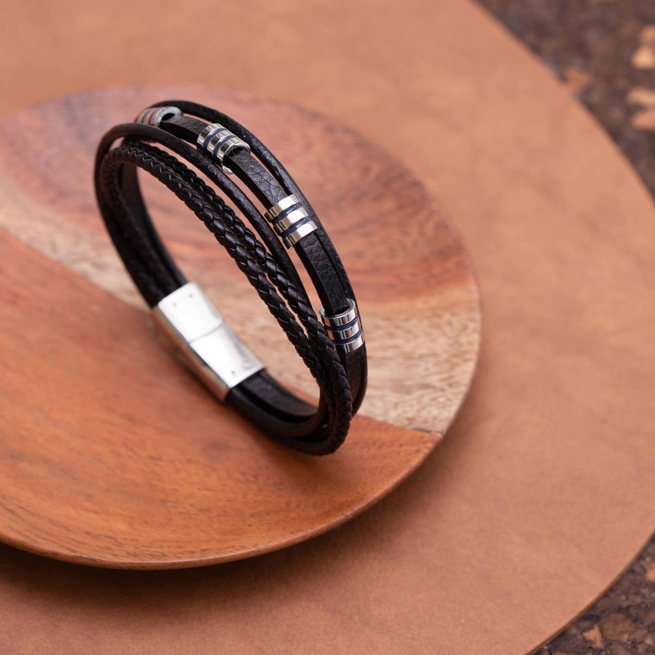 Armband, Edelstahl, Kettenglied, schwarzes Leder