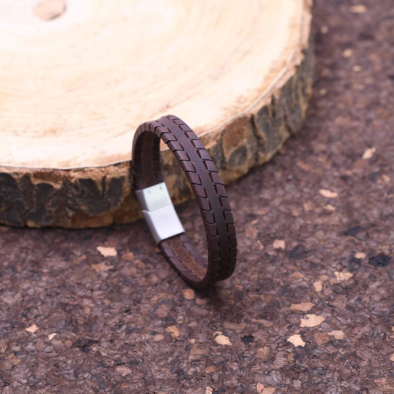 Herrenarmband, Edelstahl, Leder, dunkelbraun, 12 mm