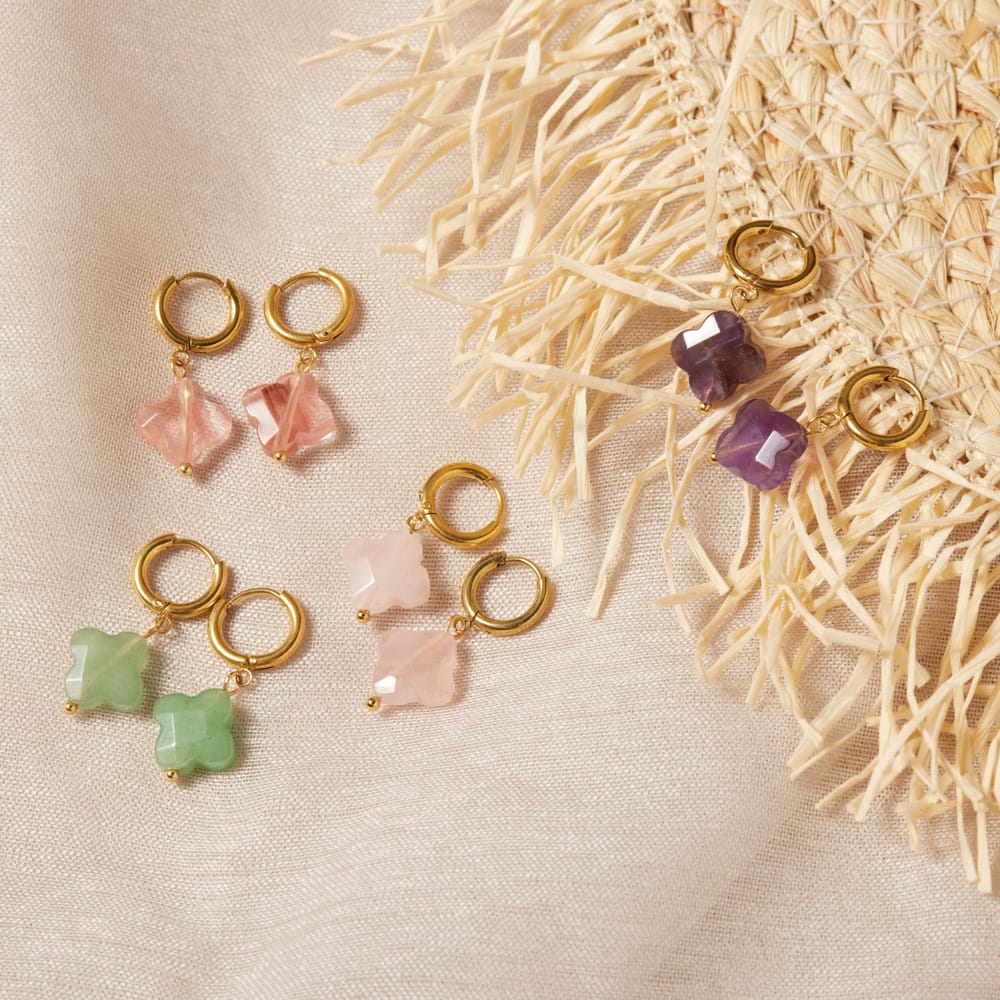 Stainless steel goldplated oorringen met hanger bloem met rhodoniet voor dames