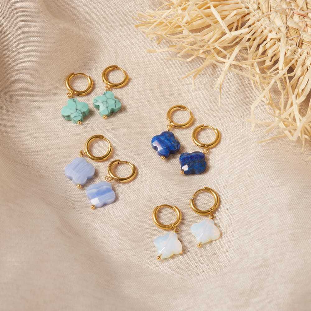 Stainless steel goldplated oorringen met hanger bloem met turquoise voor dames