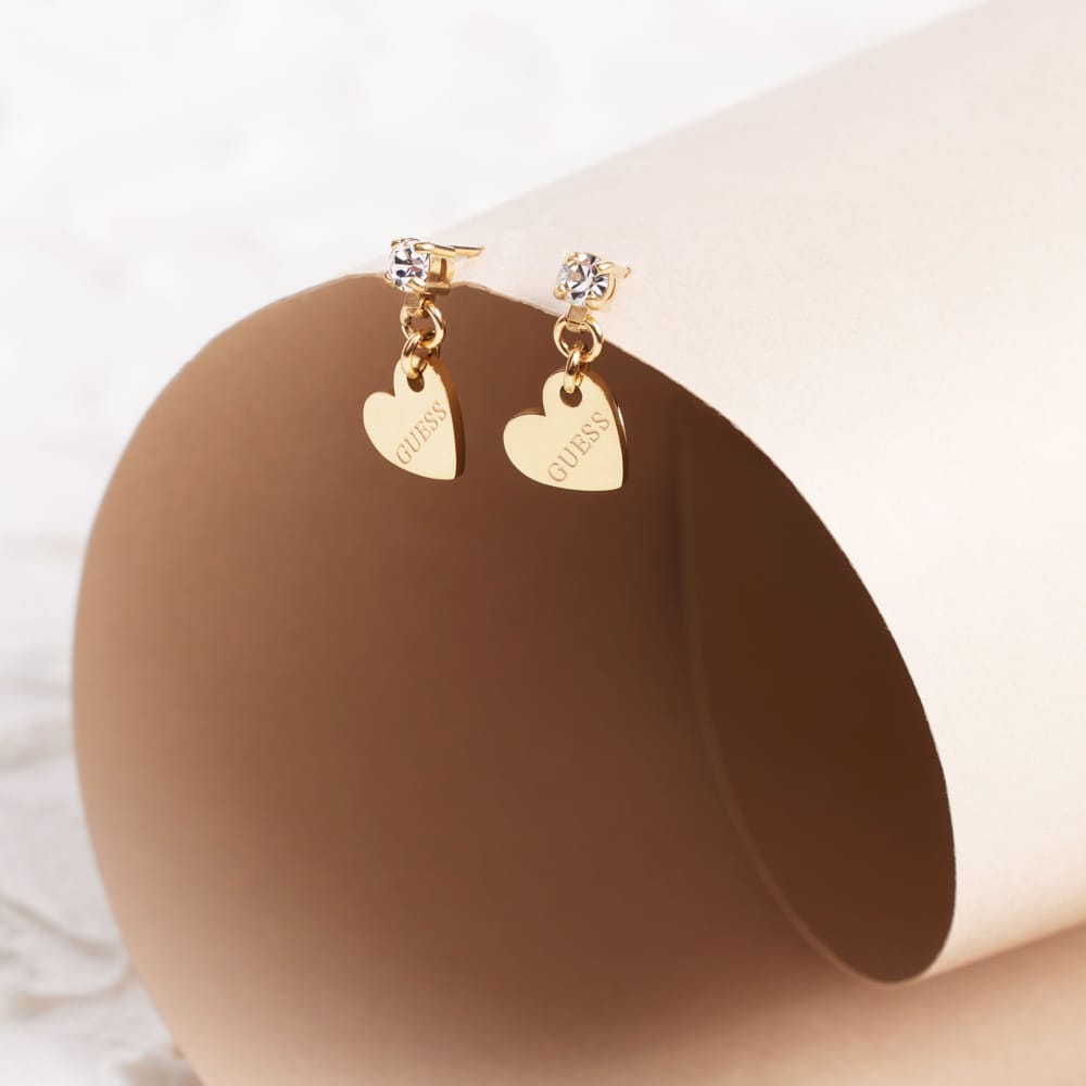 Guess stalen goldplated oorhangers hart met kristal voor dames