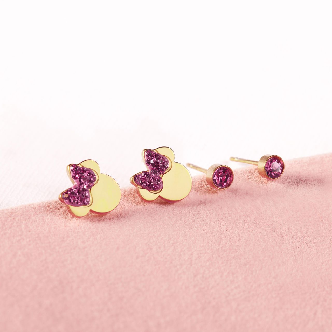 Disney stalen set goldplated oorknoppen 2 paar Minnie met kristal roze