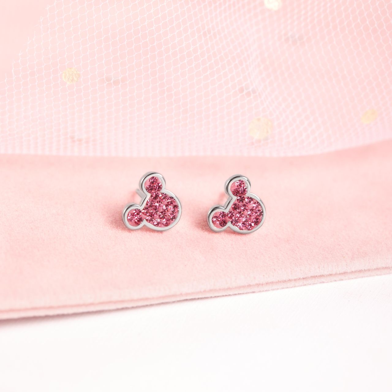 Stainless steel oorknoppen Mickey Mouse met roze kristal