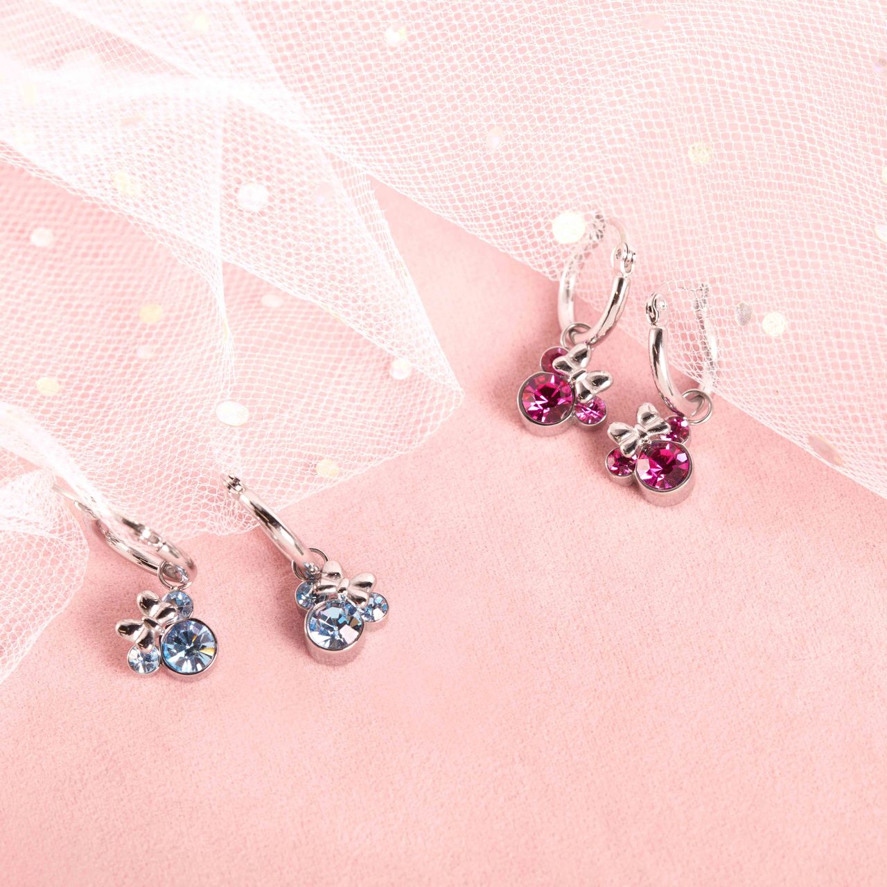 Disney stainless steel goldplated oorringen Minnie Mouse met roze kristal