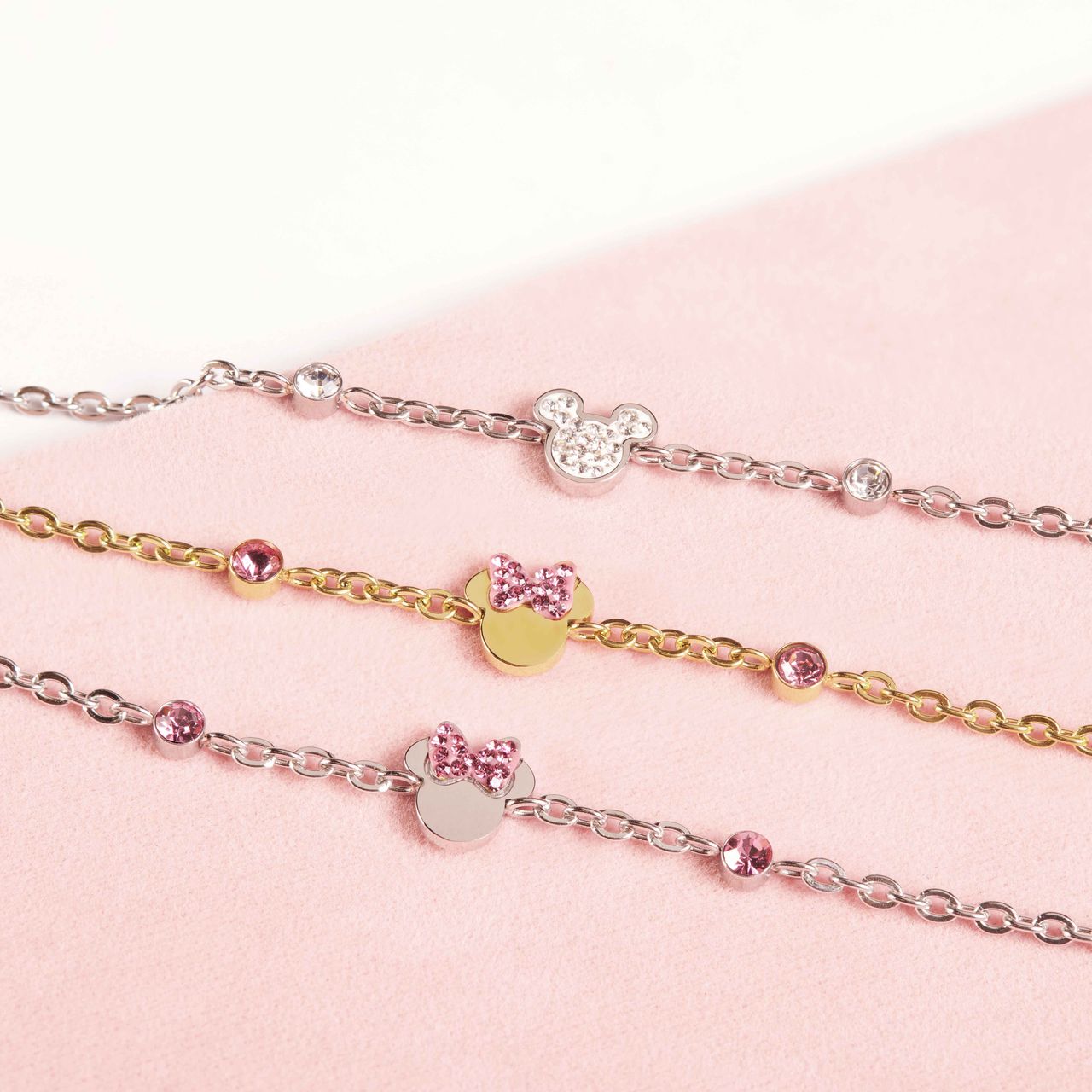 Stainless steel roseplated armband Minnie Mouse met roze kristal