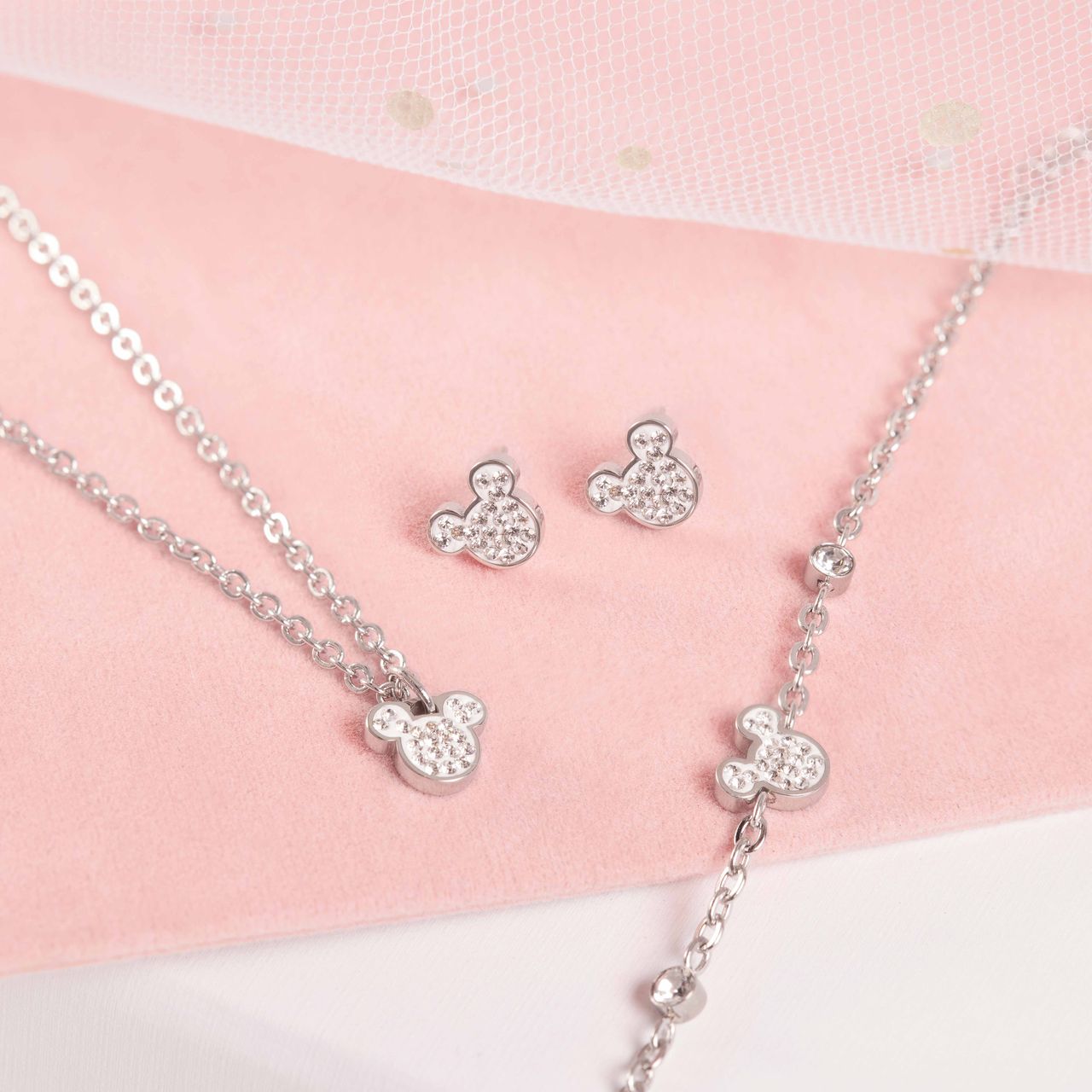 Disney stainless steel goldplated kinderketting met hanger Mickey Mouse met wit kristal