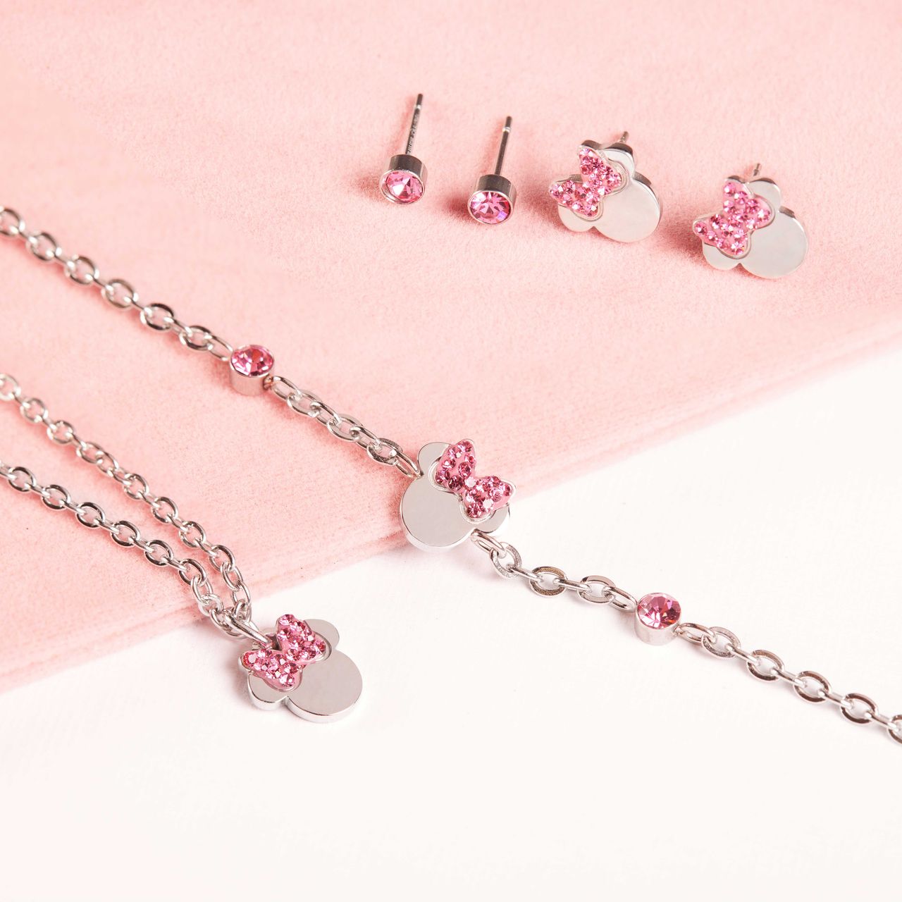 Stainless steel roseplated ketting Minni Mouse met roze kristal strik