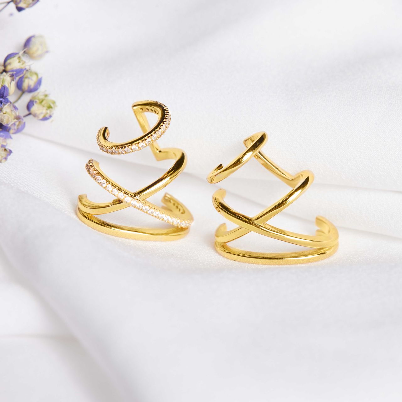 Zilveren goldplated dubbele earcuff met zirkonia 