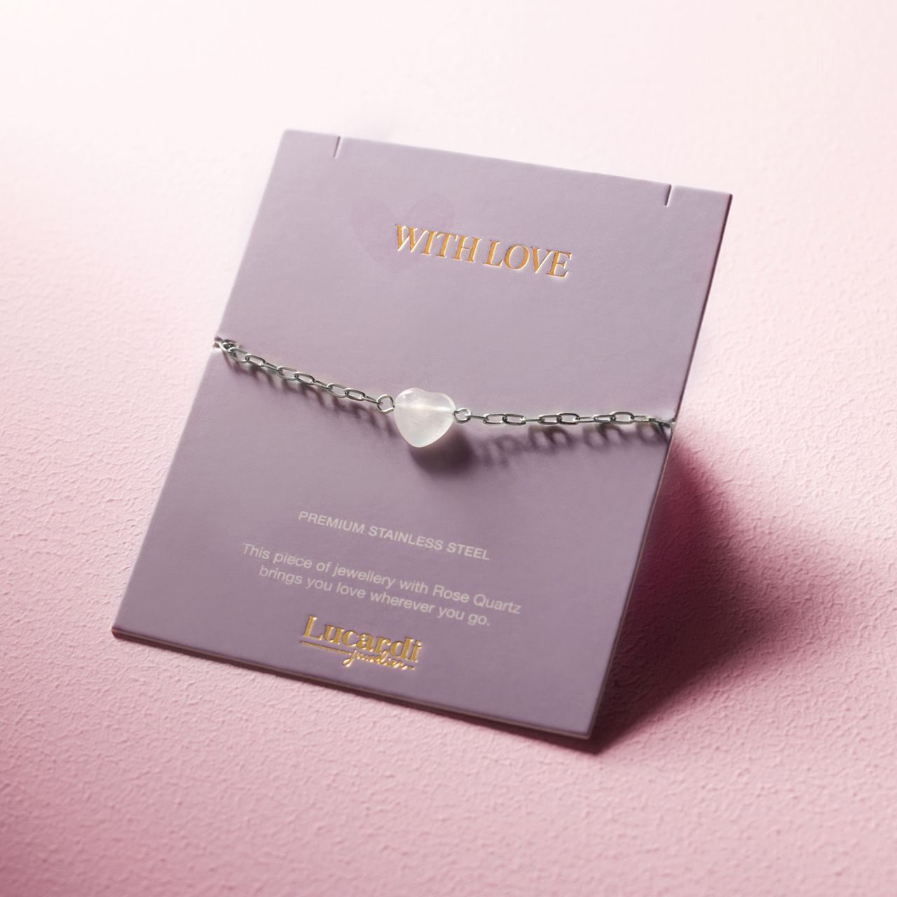 Stalen armband rozenkwarts op kaartje