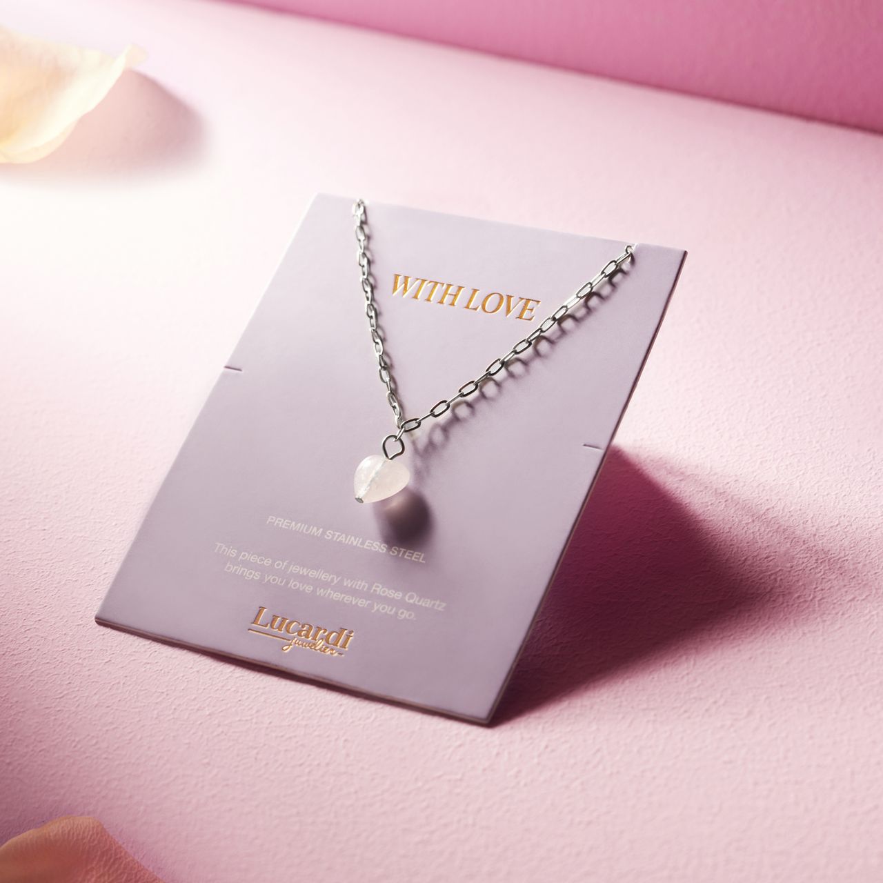 Stainless steel ketting rozenkwarts op kaartje