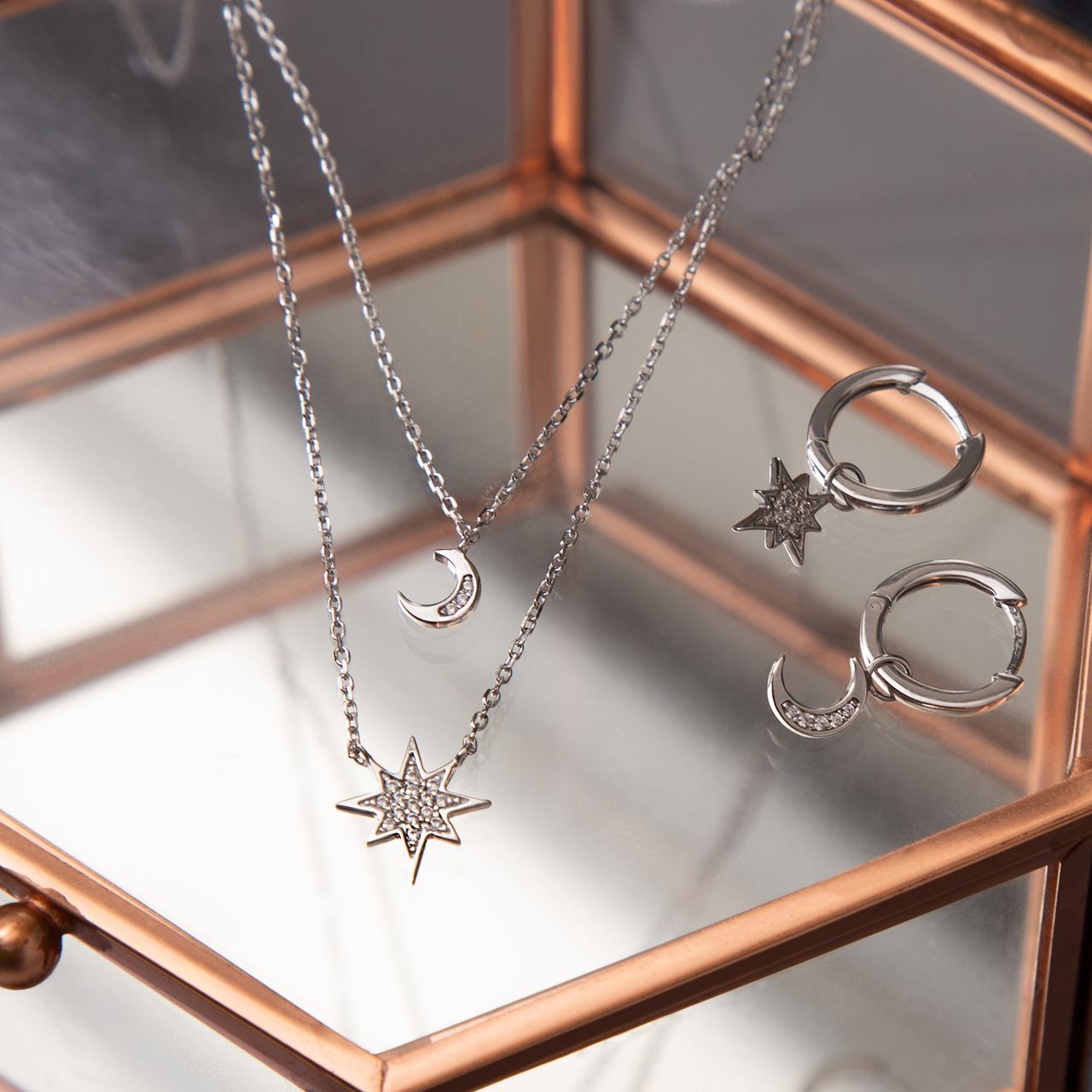 Schmuckset, 925 Silber, Mond/Stern mit Zirkonia