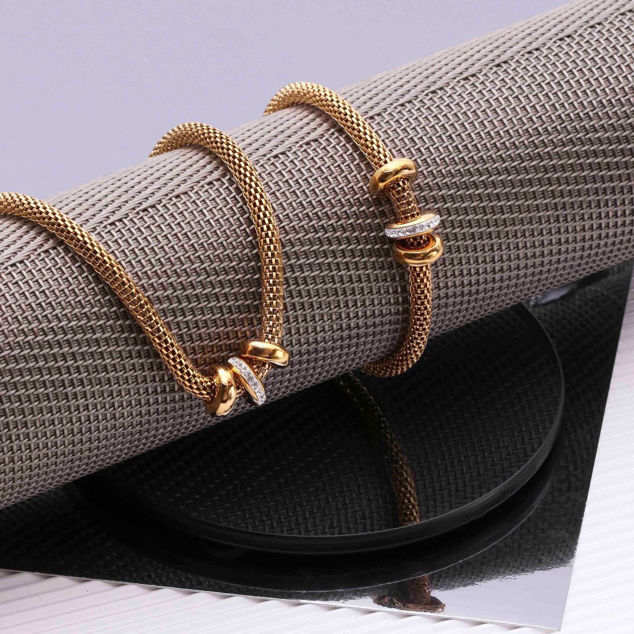 Stainless steel ketting mesh goldplated met kristal