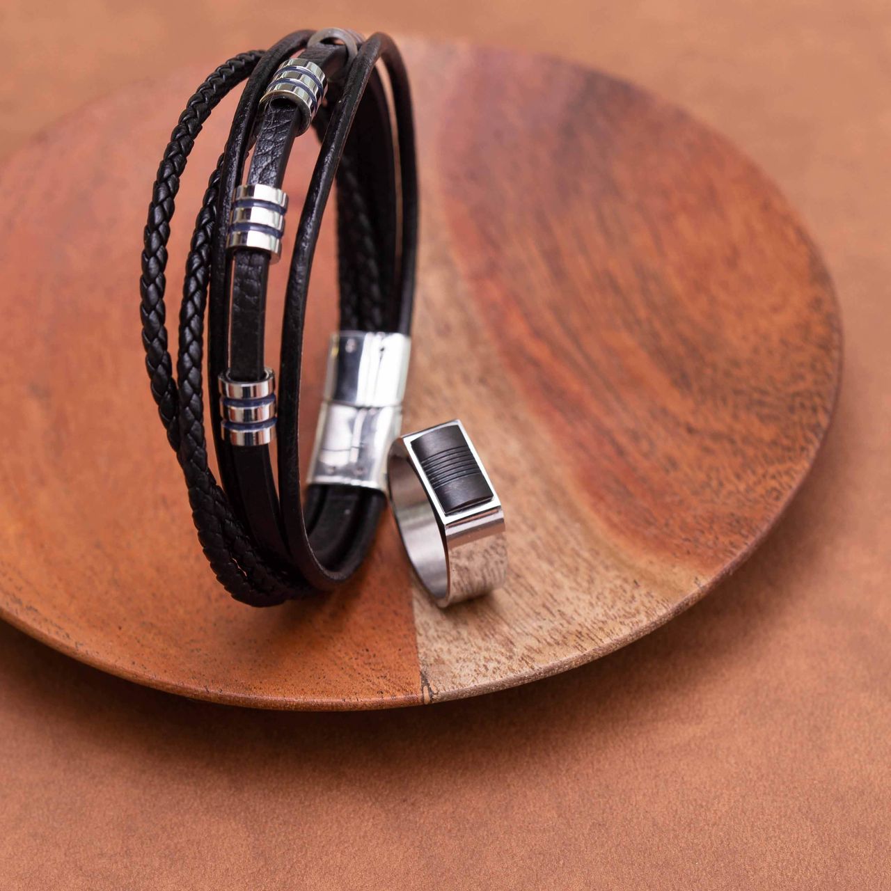 Armband, Edelstahl, Kettenglied, schwarzes Leder
