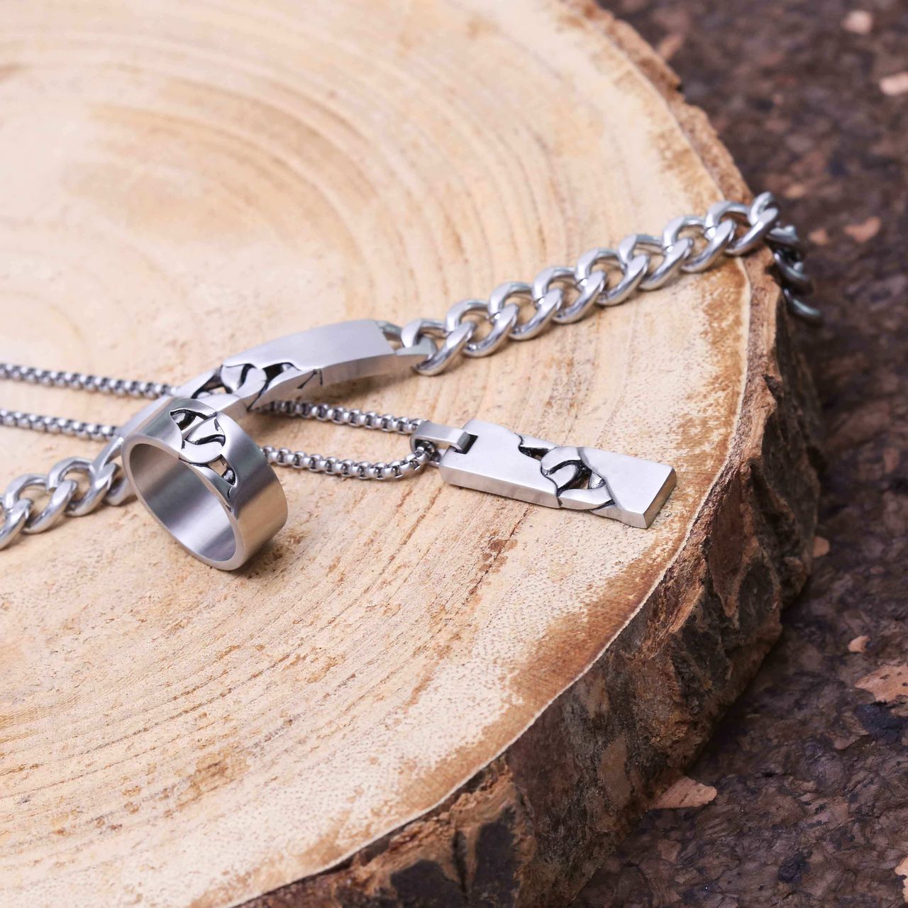 Gerecycleerd stainless steel herenring mat met schakel