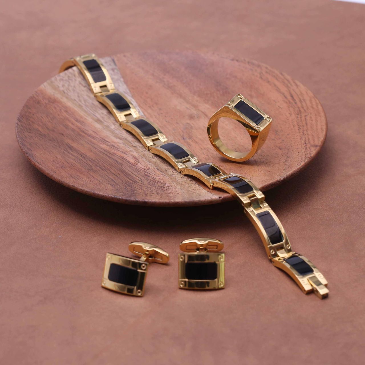 Gerecycled stalen goldplated manchetknopen met zwart detail