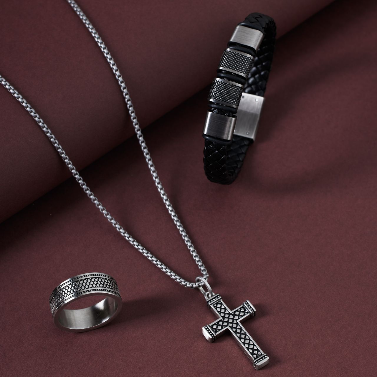 Stalen herenarmband met gevlochten zwart leer