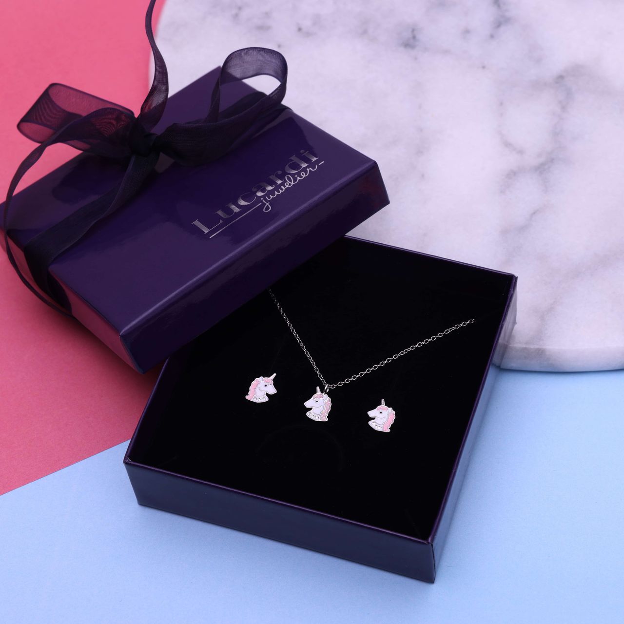 Schmuckset für Kinder, 925 Silber, Einhorn, mit Emaille