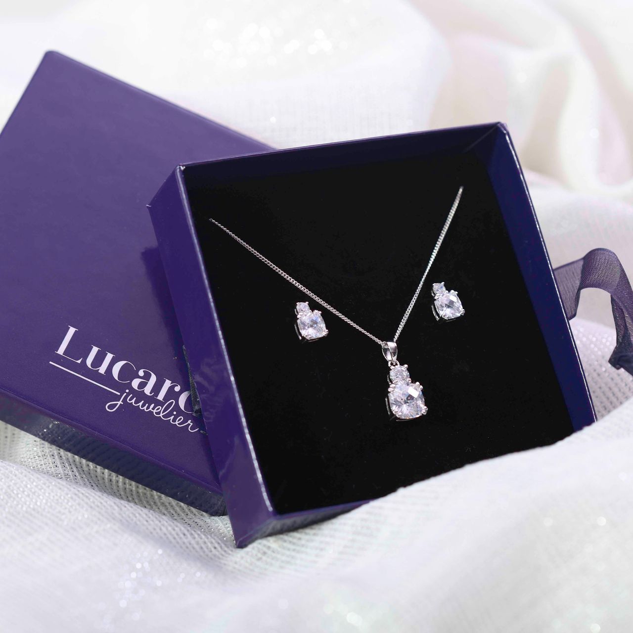 Schmuckset, 925 Silber, Halskette und Ohrringe, Zirkonia