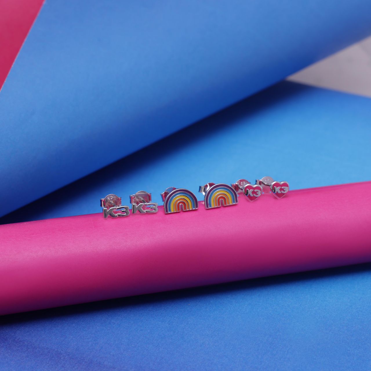 Zilveren oorknoppen enamel regenboog K3