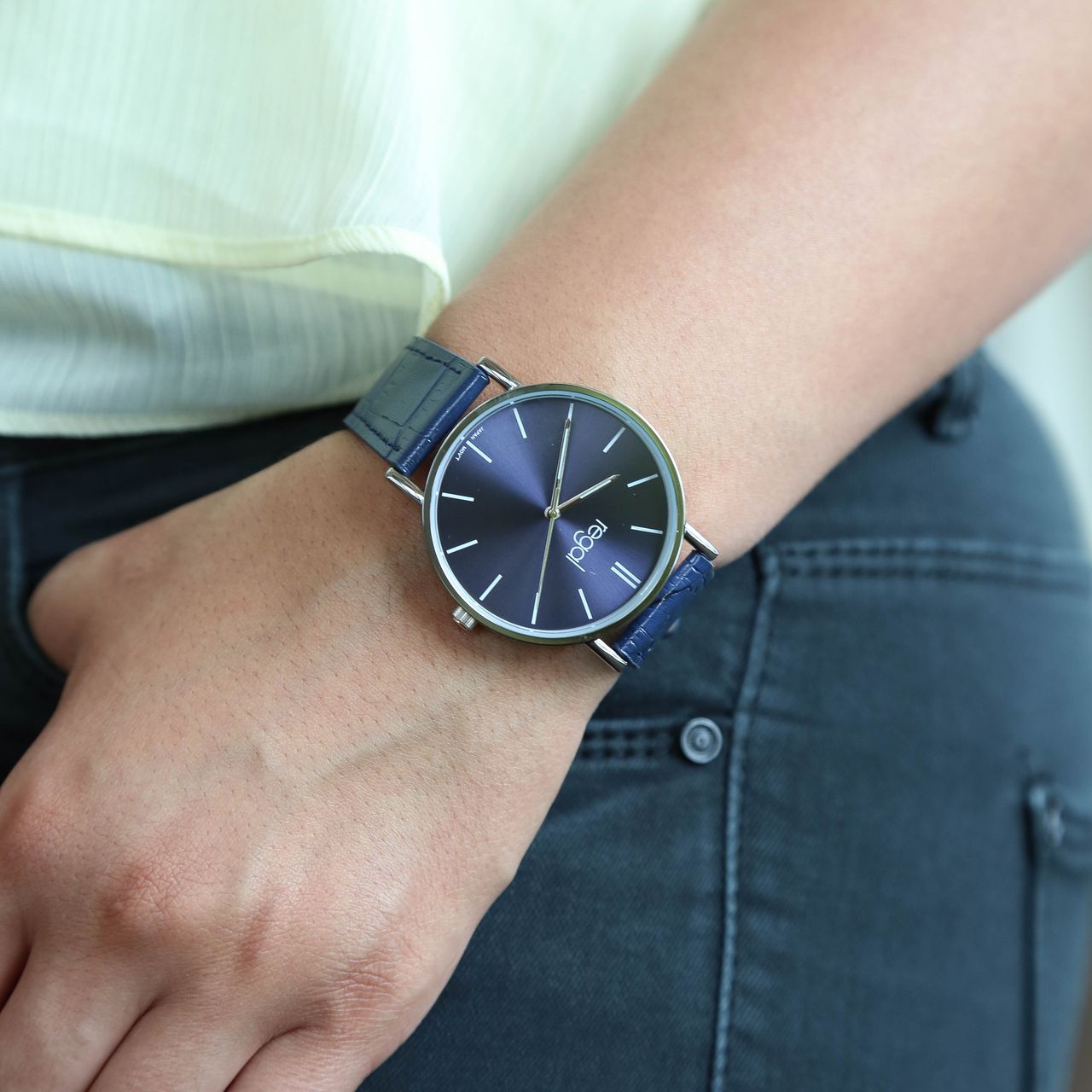 Regal Armbanduhr Slimline, blaues PU-Lederarmband