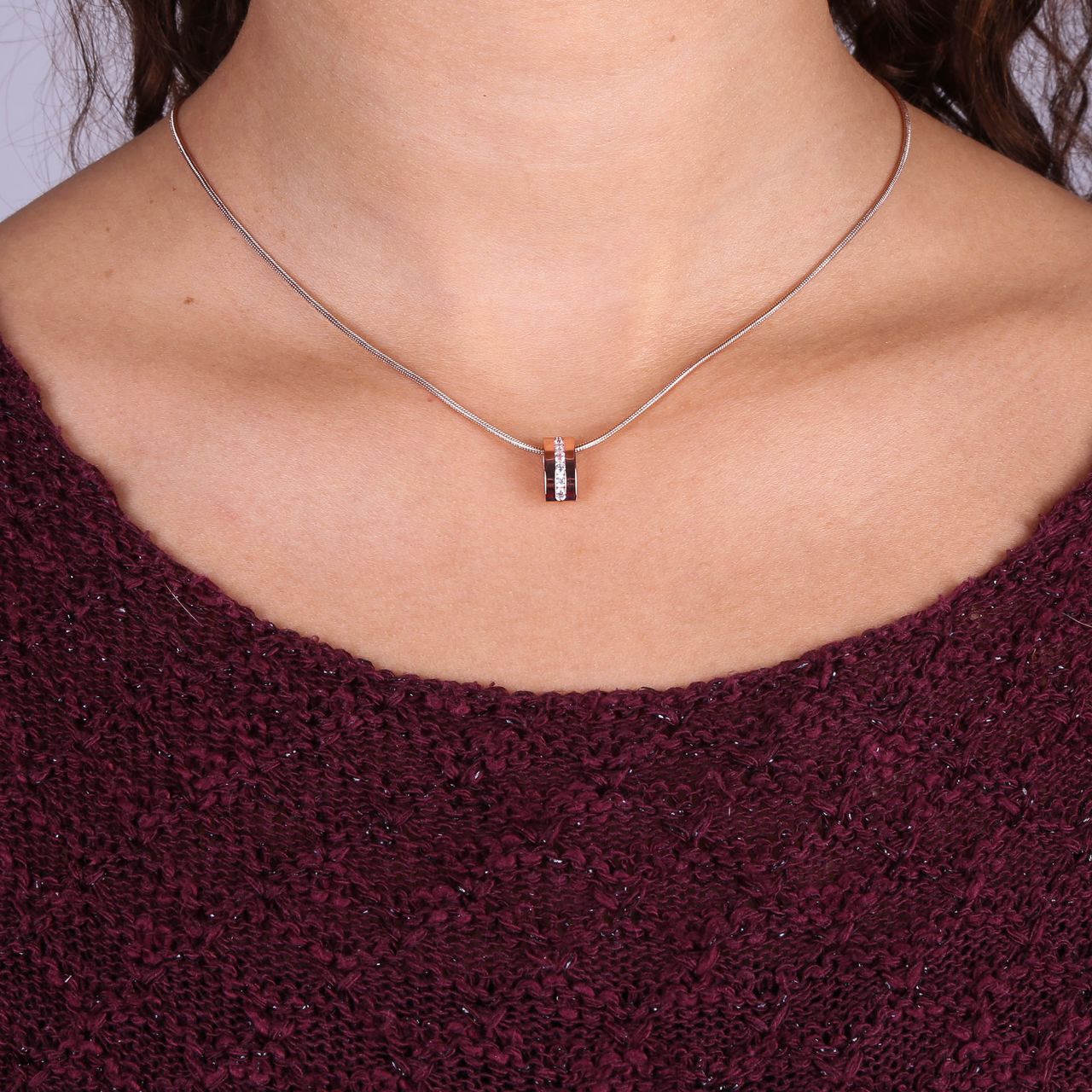 Stalen roséplated ketting met hanger met zirkonia voor dames