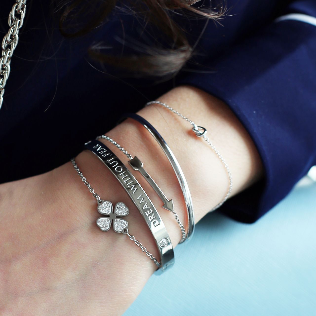 Gerecycleerd stalen armband klaver met kristal