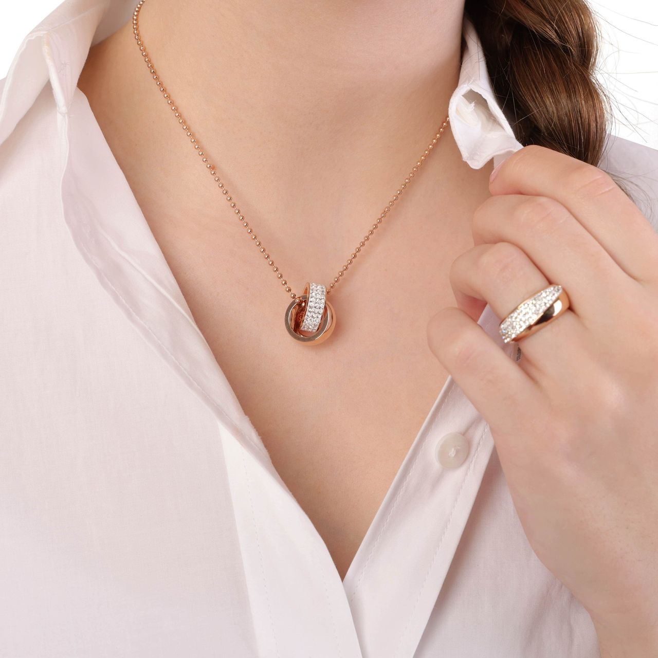 Stalen roséplated ketting met hanger met kristal voor dames