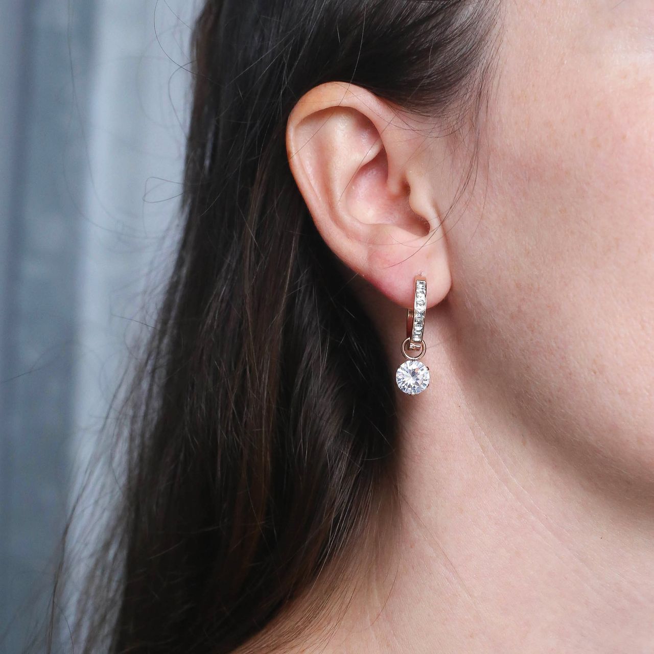 Stalen roséplated oorringen met hanger met zirkonia voor dames
