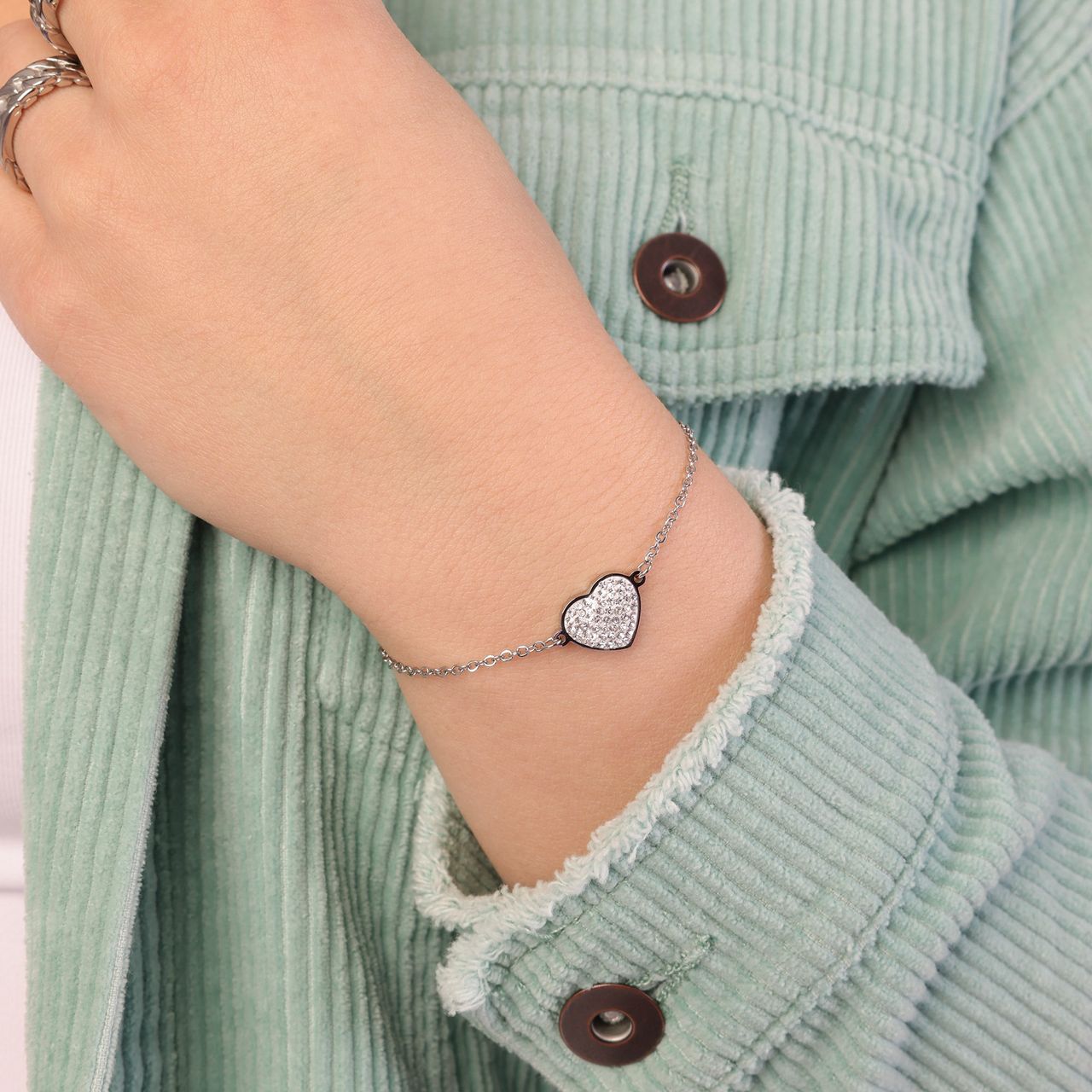 Gerecycleerd stainless steel armband hart met kristal