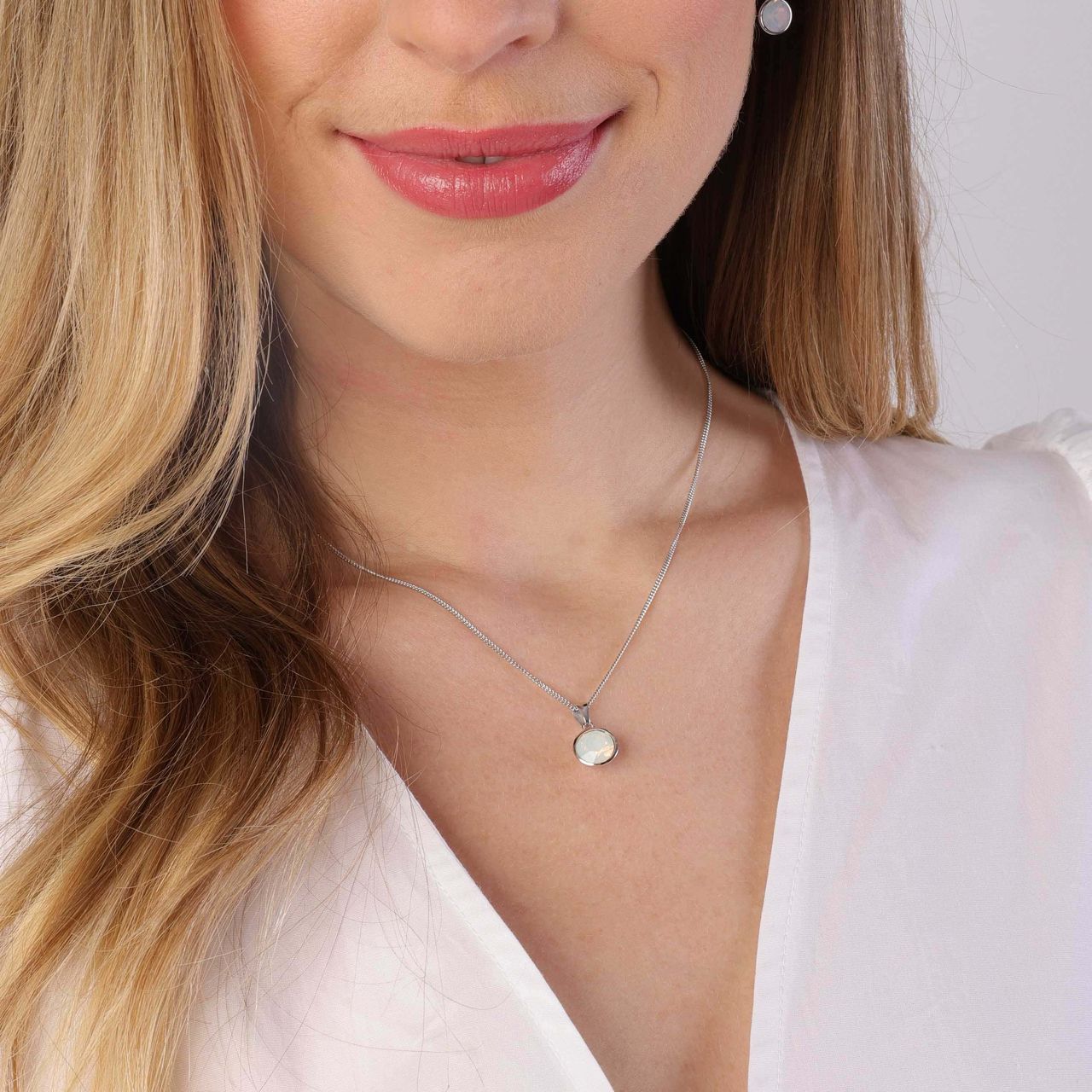 Halskette, 925 Silber, mit Kristall, weiß-opal
