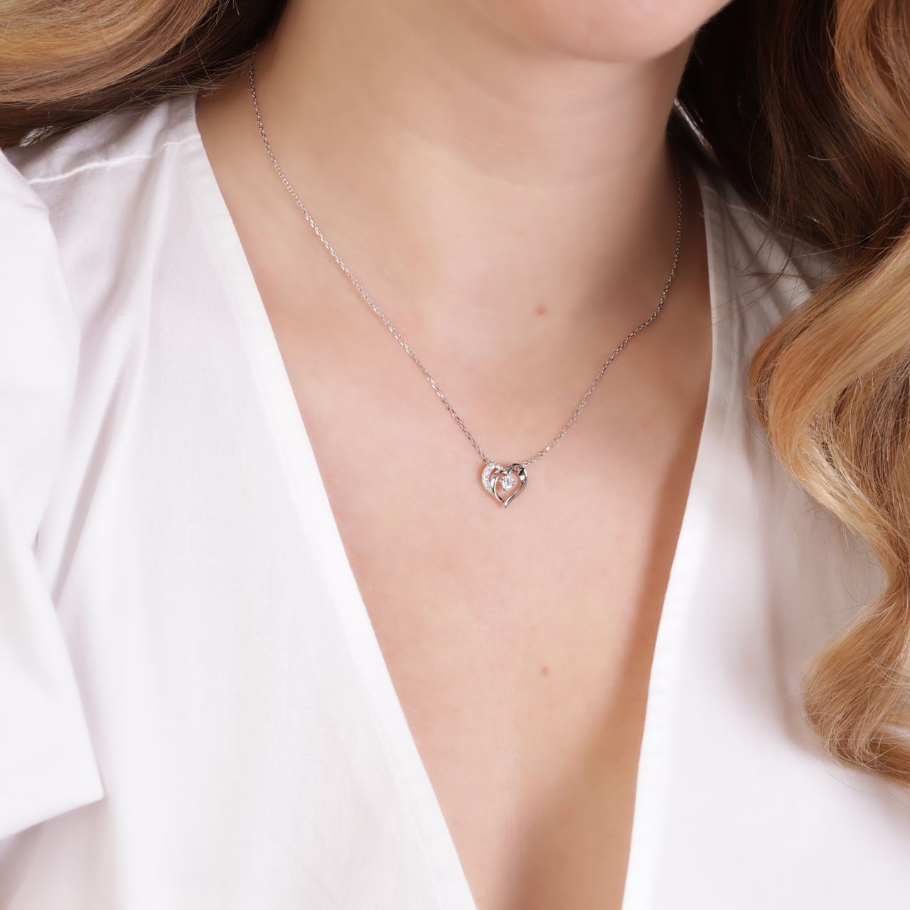 Halskette, 925 Silber, mit Herzanhänger, Zirkonia