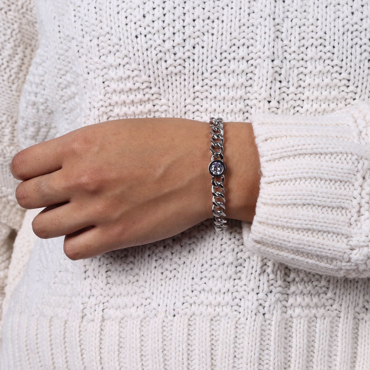 Gerecycled stalen armband gourmetschakel met zirkonia