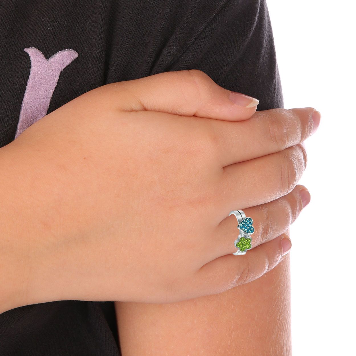 Stainless steel kinderring hart/bloem aqua&groen kristal