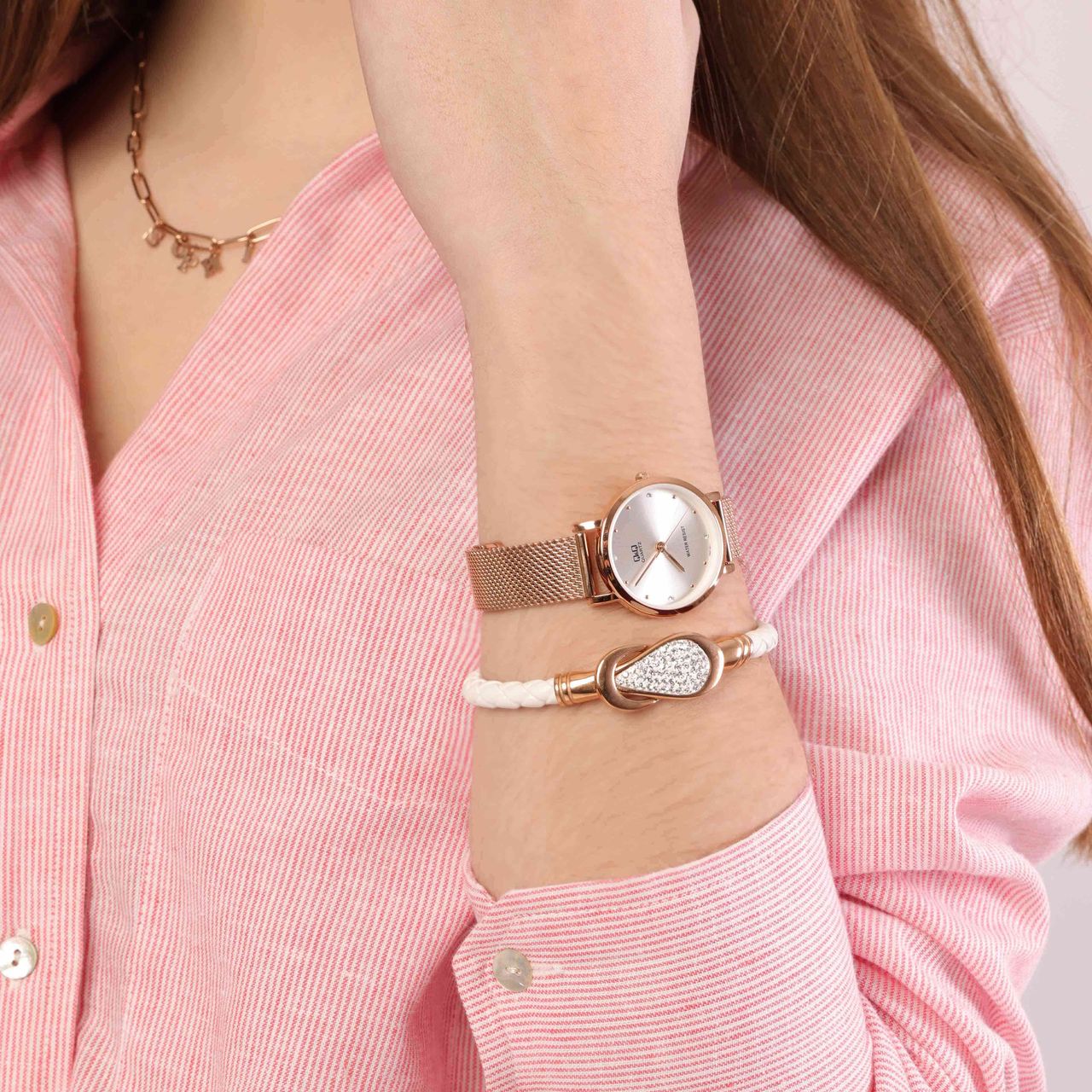 Gerecycled stalen armband leer wit/rose met kristal