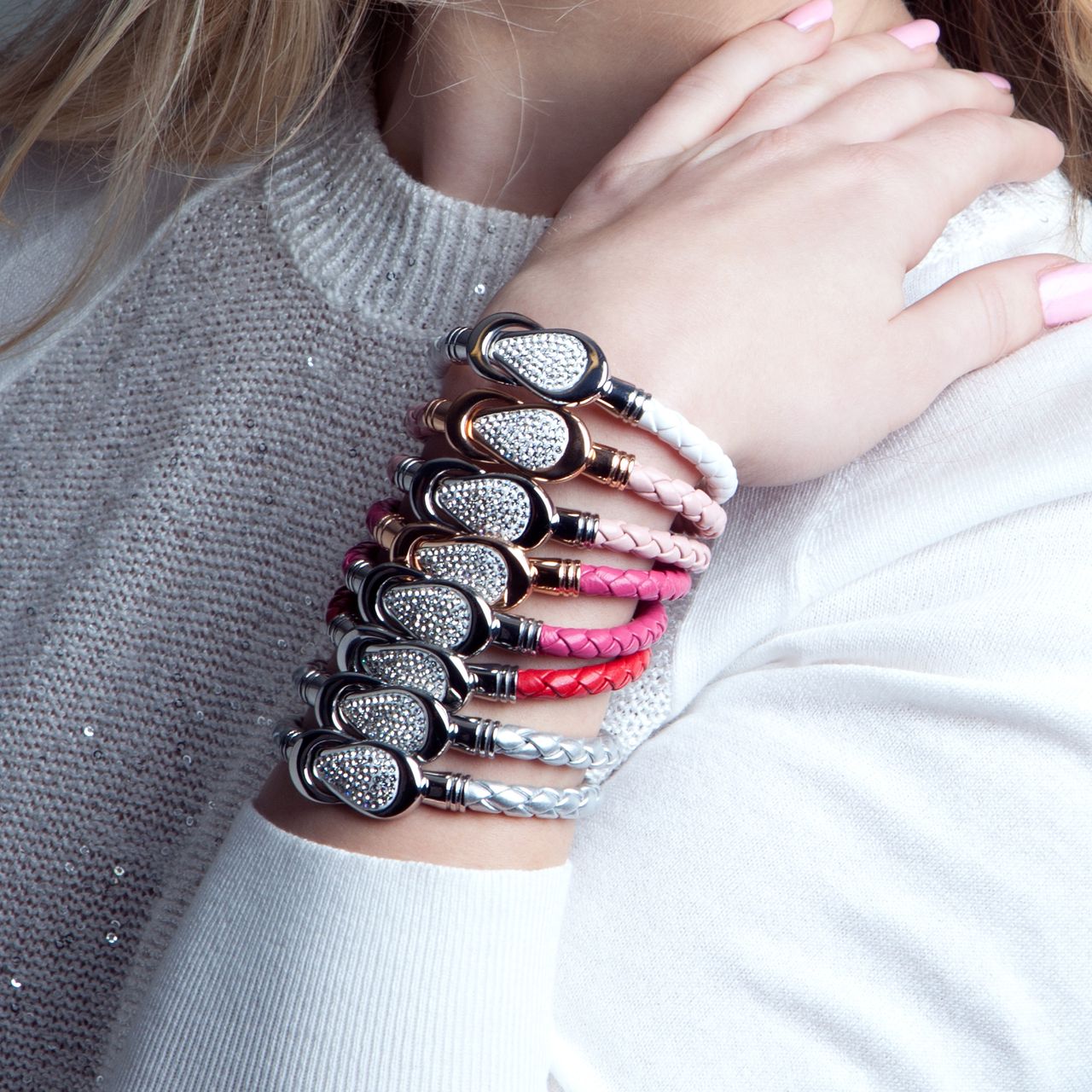 Gerecycled stainless steel armband leer zilverkleur/stainless steel met kristal